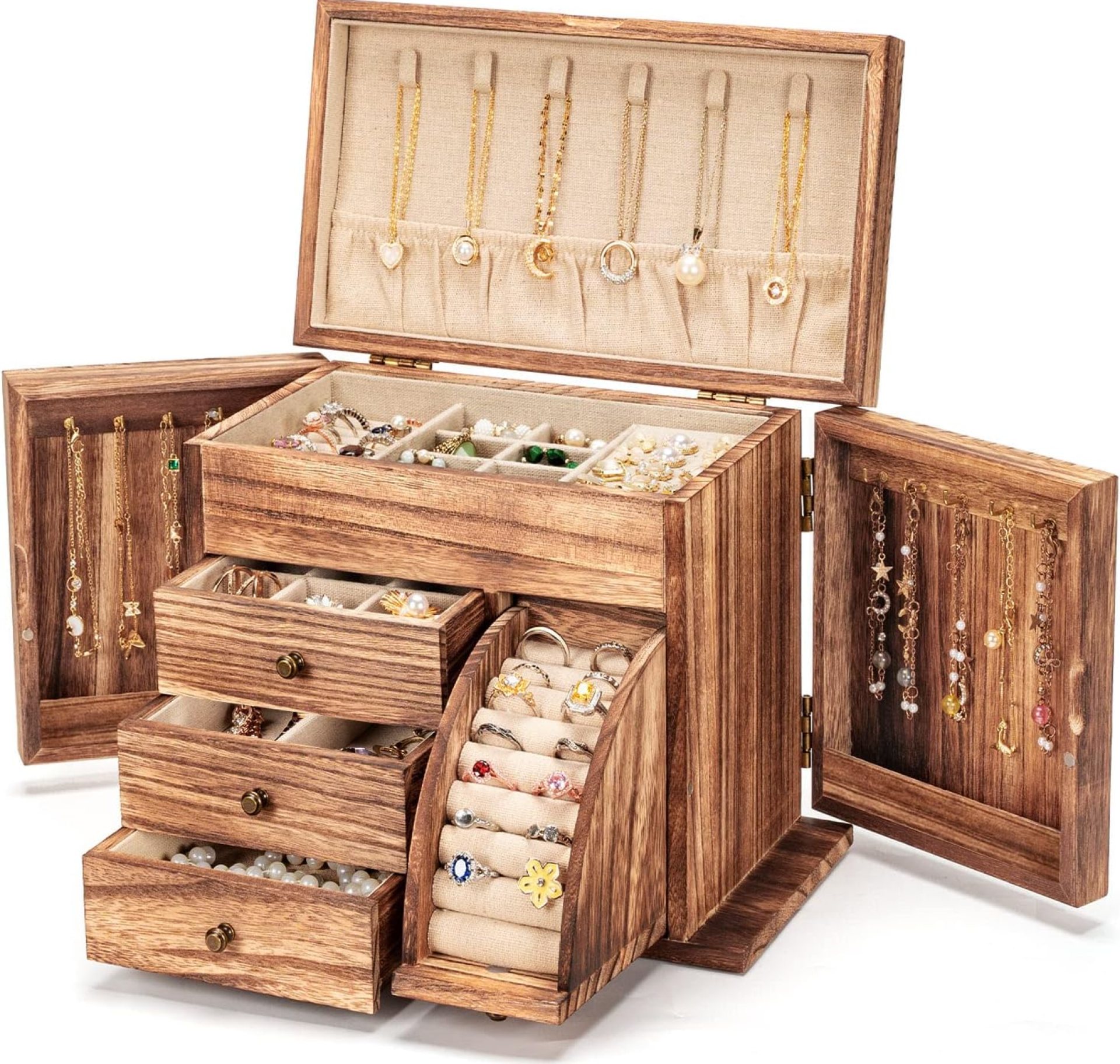 Jewelry Box Organizer, Solid Wood Jewelry Boxes for Women for Storage & Display Necklace Ring Earring Bracelet, Rustic Style Jewelry Organizer Box for Women Gifts (Carbonized Brown) Jewelry Box Organizer, Solid Wood Jewelry Boxes for Women for Storage & Display Necklace Ring Earring Bracelet, Rustic Style Jewelry Organizer Box for Women Gifts (Carbonized Brown)