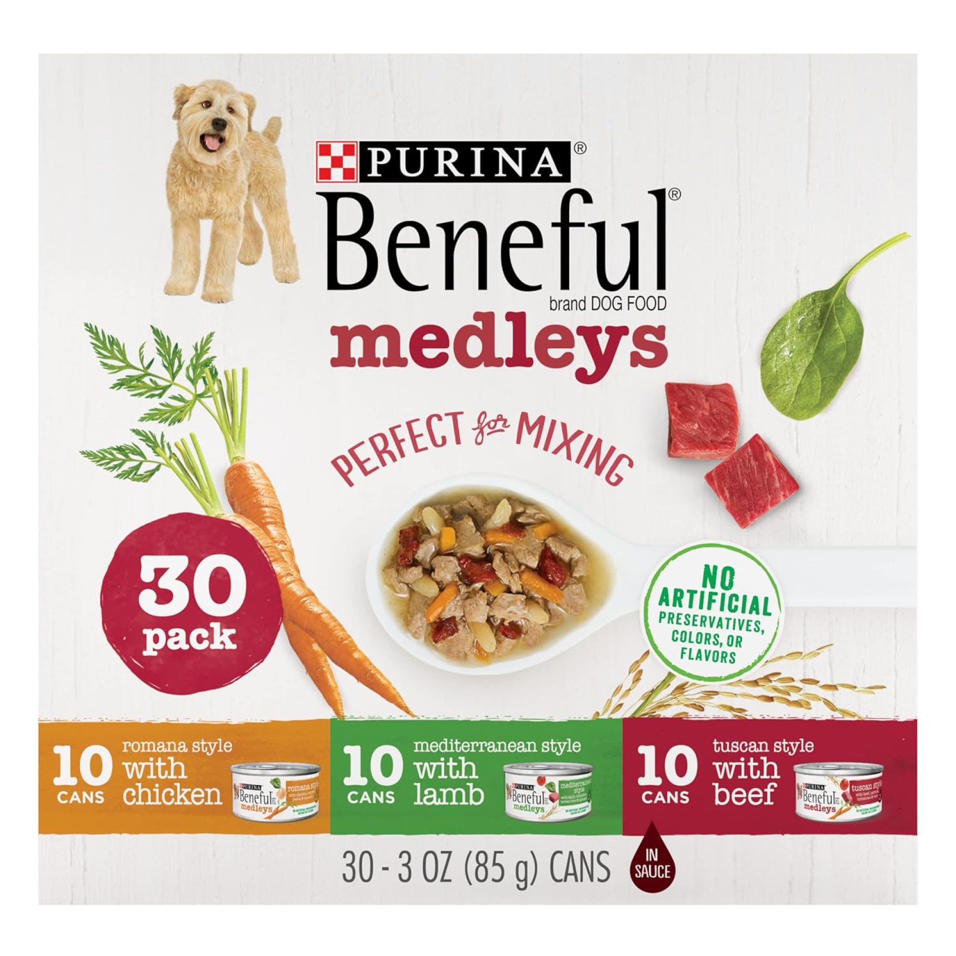 Purina Beneful Wet Dog Food Variety Pack, Medleys Tuscan, Romana & Mediterranean Style – (Pack of 30) 3 oz. Cans Purina Beneful Wet Dog Food Variety Pack, Medleys Tuscan, Romana & Mediterranean Style – (Pack of 30) 3 oz. Cans