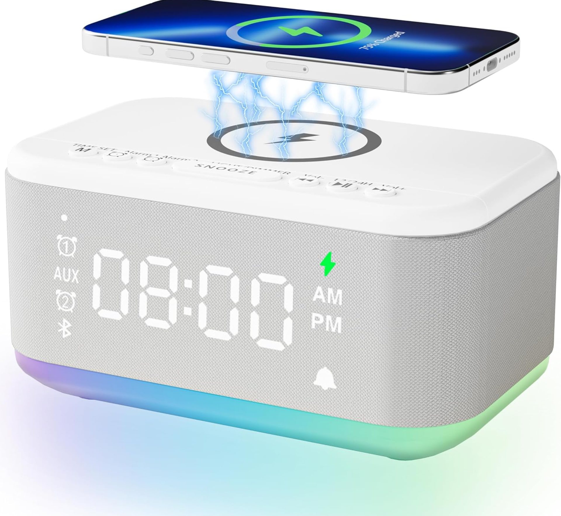 Alarm Clock Speaker Wireless Charger, Digital Alarm Clocks Bedrooms Bluetooth, Alarm Clock Dimmable Light Bedrooms Dual Alarm Snooze Dimmer 12 24H RGB Night Light Bluetooth USB AUX, White Alarm Clock Speaker Wireless Charger, Digital Alarm Clocks Bedrooms Bluetooth, Alarm Clock Dimmable Light Bedrooms Dual Alarm Snooze Dimmer 12 24H RGB Night Light Bluetooth USB AUX, White