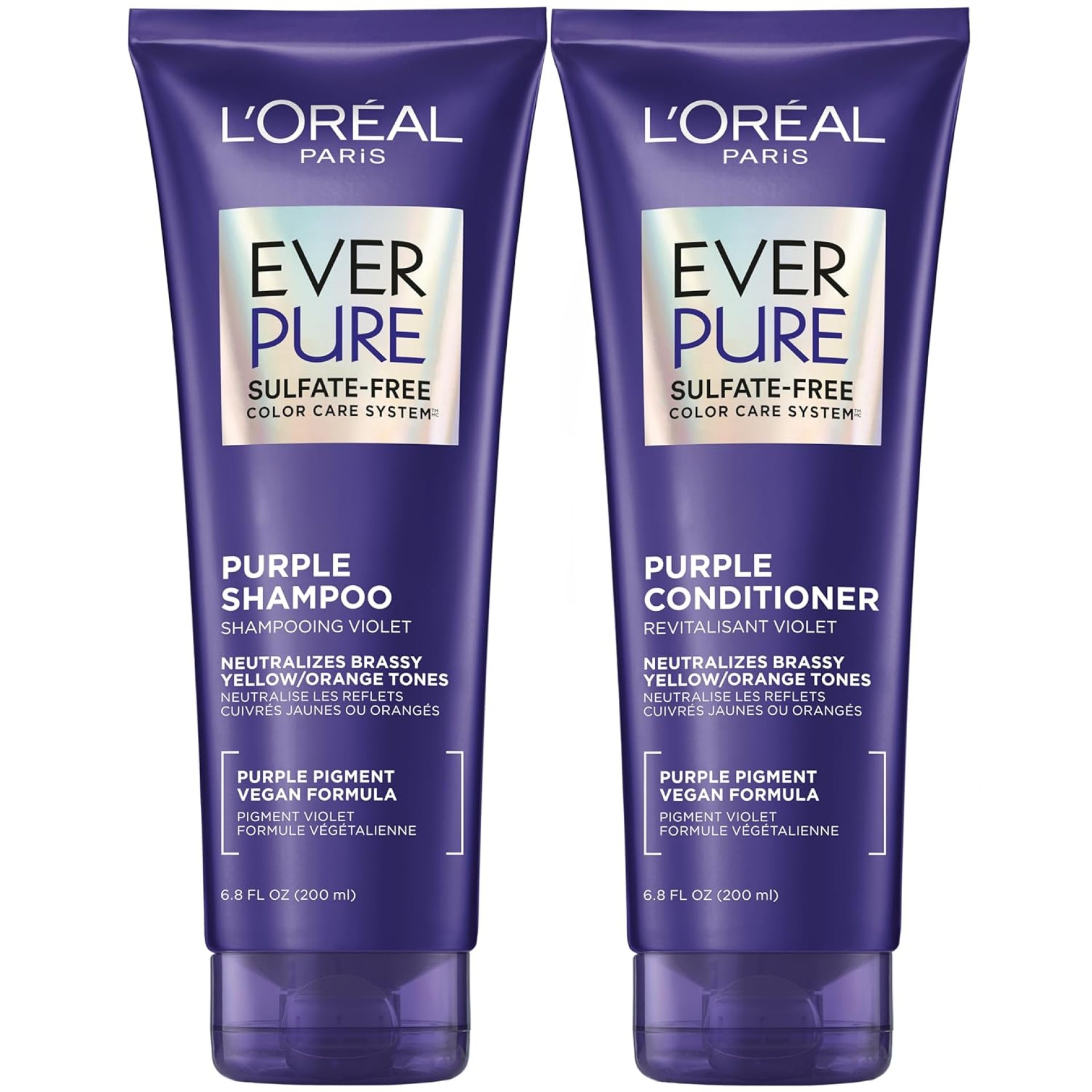 L’Oreal Paris EverPure Sulfate Free Brass Toning Purple Shampoo and Conditioner Set for Blonde, Bleached, Silver, or Brown Highlighted Hair, 1 Kit L’Oreal Paris EverPure Sulfate Free Brass Toning Purple Shampoo and Conditioner Set for Blonde, Bleached, Silver, or Brown Highlighted Hair, 1 Kit