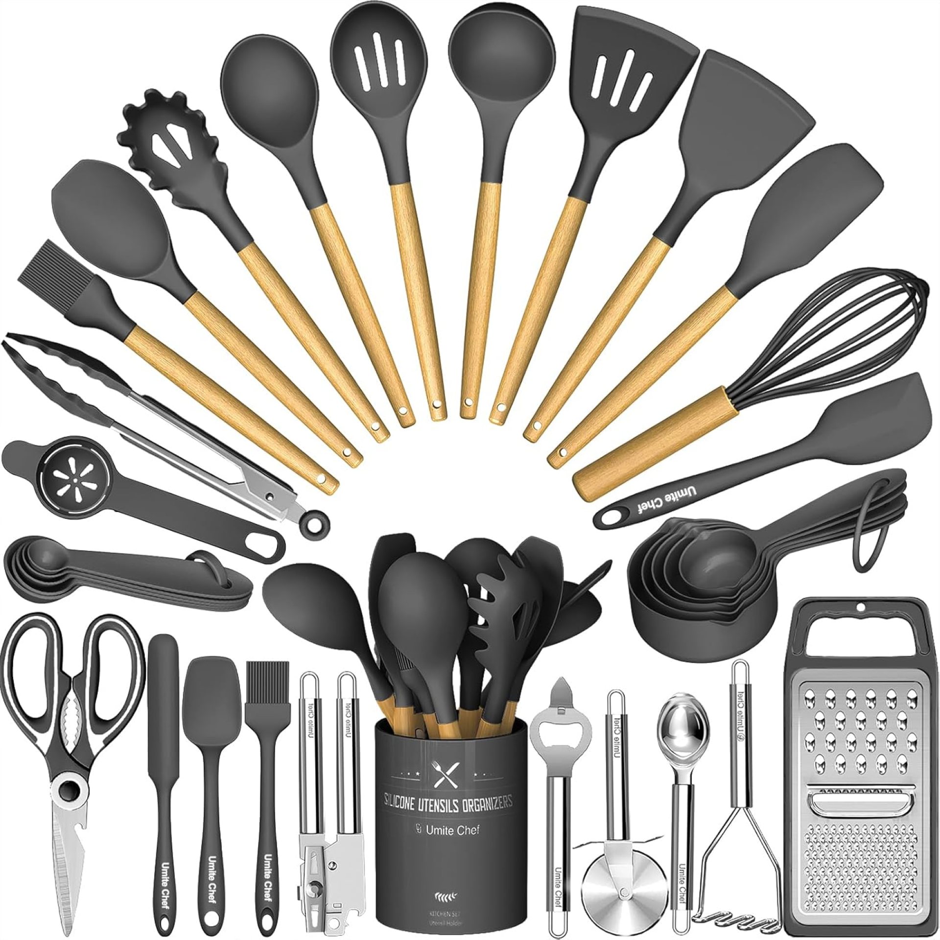 Umite Chef Silicone Kitchen Utensil Set, 34PCS Heat Resistant Kitchen Gadgets and Tools With Grater, Wood Handles for Nonstick Cookware (Dark Gray) Umite Chef Silicone Kitchen Utensil Set, 34PCS Heat Resistant Kitchen Gadgets and Tools With Grater, Wood Handles for Nonstick Cookware (Dark Gray)