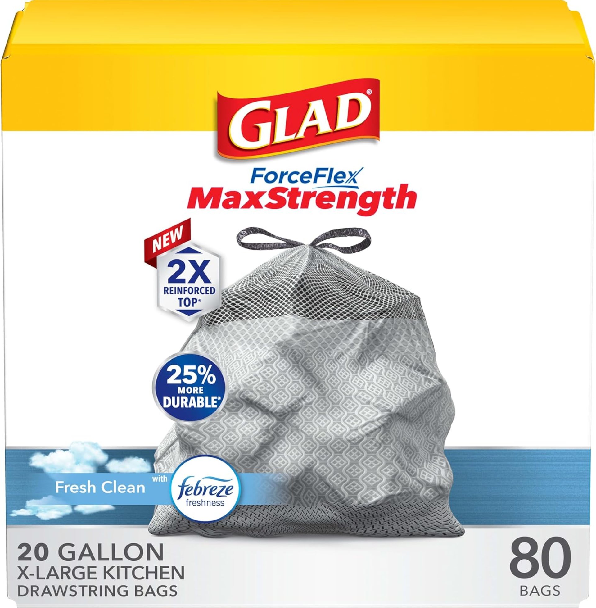 Glad ForceFlex MaxStrength XL Kitchen Trash Bags, 20 Gal, Fresh Clean, 80 Ct (Package May Vary) Glad ForceFlex MaxStrength XL Kitchen Trash Bags, 20 Gal, Fresh Clean, 80 Ct (Package May Vary)
