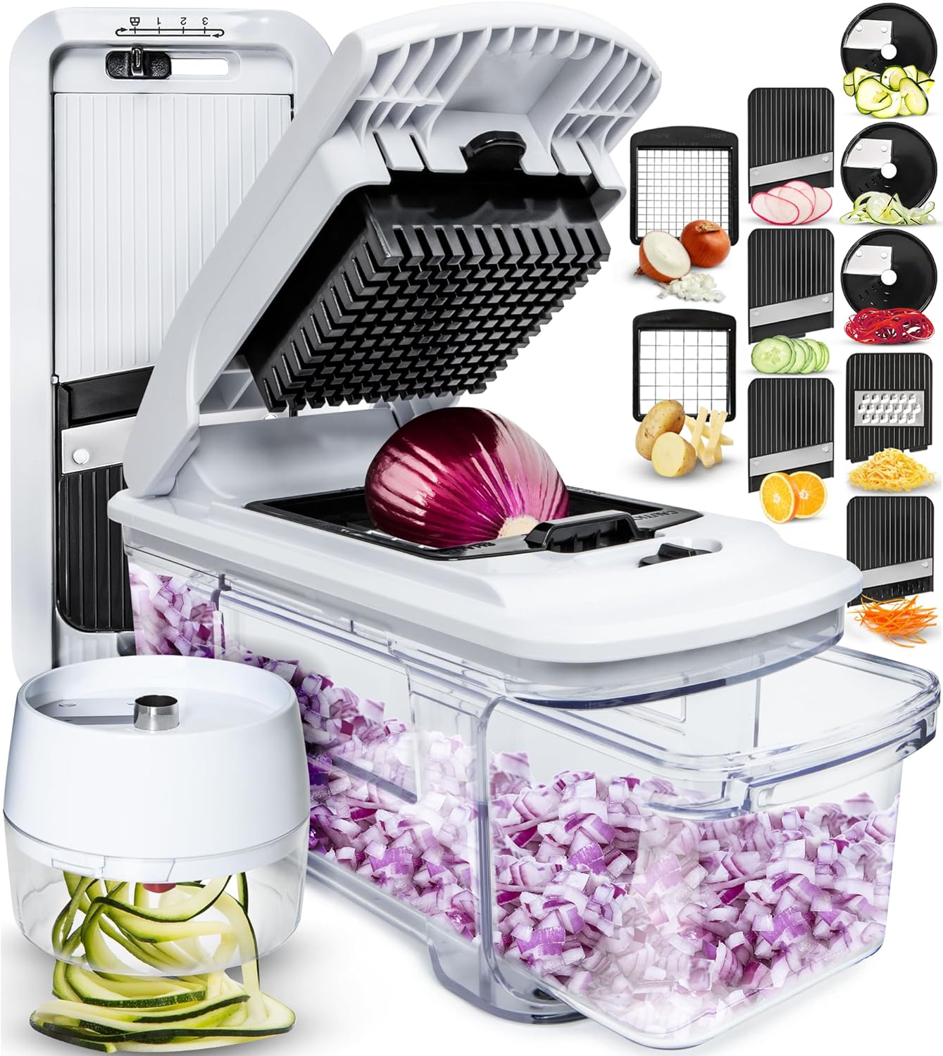 Fullstar All-in-1 Vegetable Chopper, Mandoline Slicer & Cheese Grater – French Fry Cutter & Veggie Dicer – Cheese Slicer – Includes Bonus Handheld Spiralizer (6 in 1, Black/White) Fullstar All-in-1 Vegetable Chopper, Mandoline Slicer & Cheese Grater – French Fry Cutter & Veggie Dicer – Cheese Slicer – Includes Bonus Handheld Spiralizer (6 in 1, Black/White)