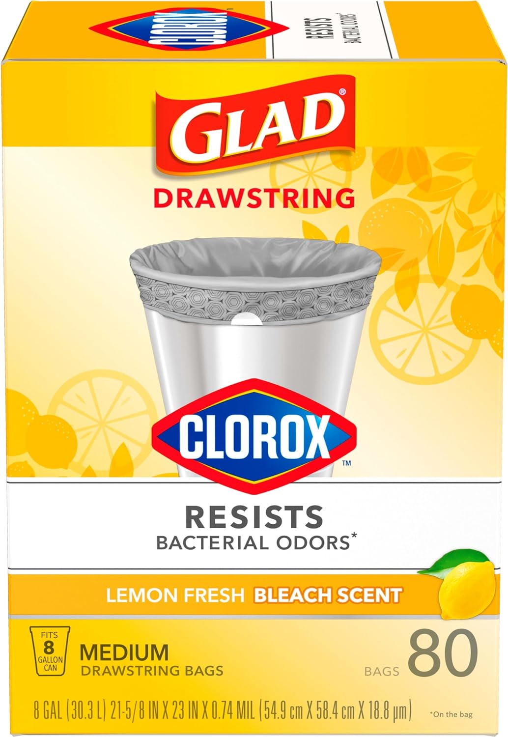 Glad Medium Drawstring Trash Bags with Clorox, 8 Gal, Lemon Fresh Bleach, 80 Ct (Package May Vary) Glad Medium Drawstring Trash Bags with Clorox, 8 Gal, Lemon Fresh Bleach, 80 Ct (Package May Vary)
