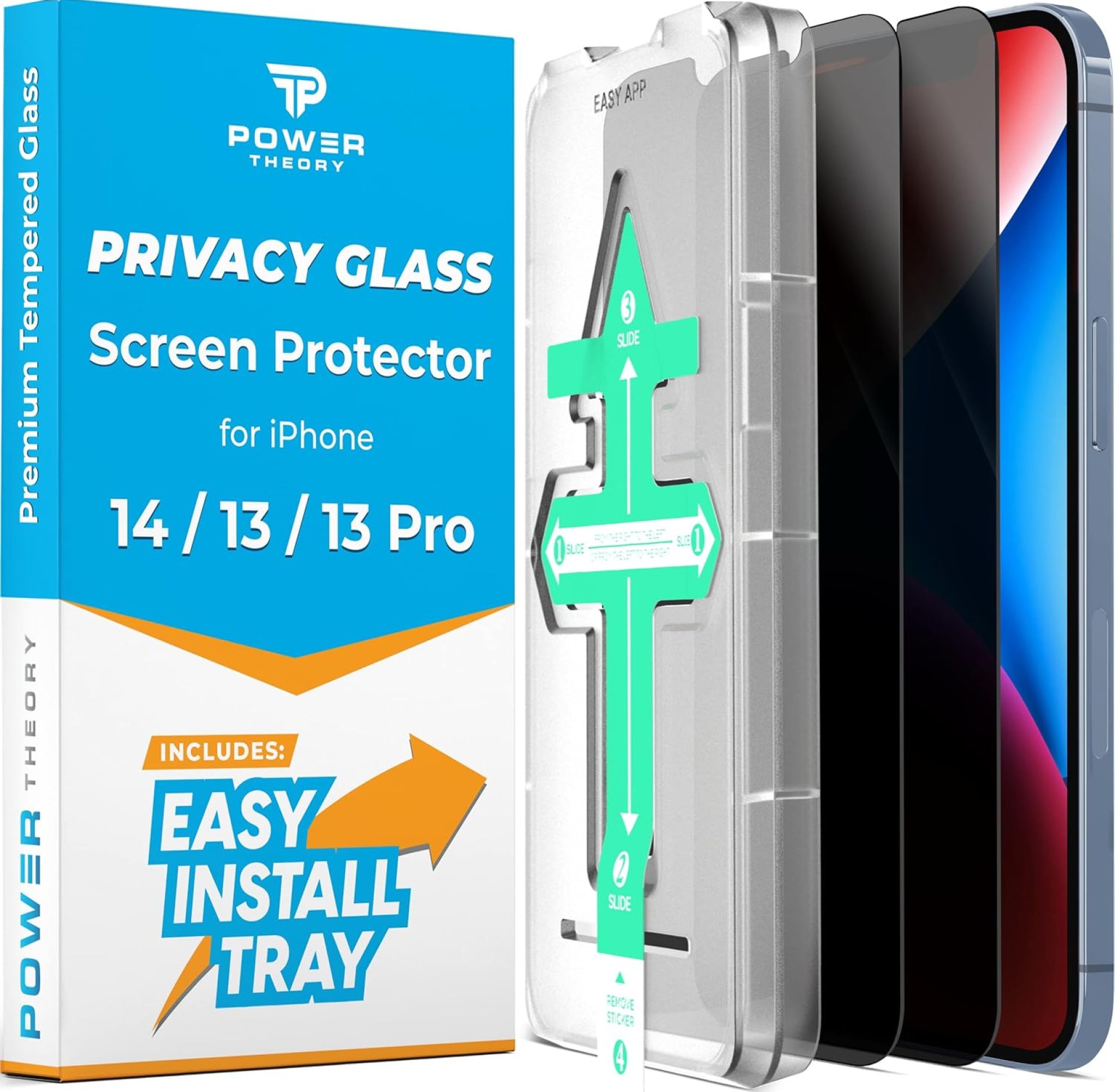 Power Theory Privacy Screen Protector for iPhone 14, iPhone 13, iPhone 13 Pro Tempered Glass Anti Spy protection with Easy Install Tray Power Theory Privacy Screen Protector for iPhone 14, iPhone 13, iPhone 13 Pro Tempered Glass Anti Spy protection with Easy Install Tray