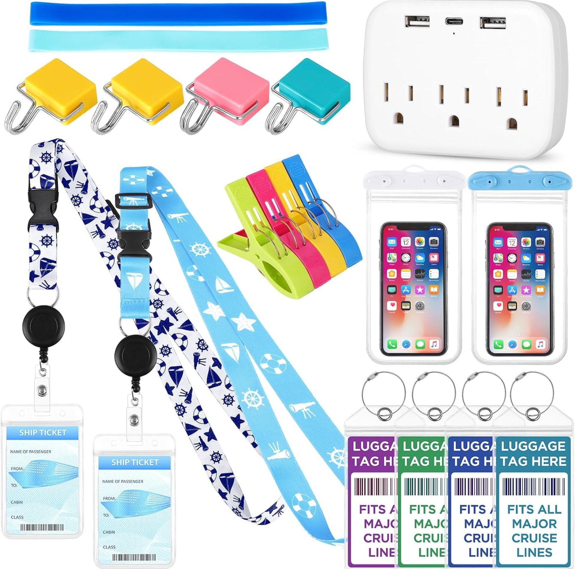 Cruise Ship Essentials 2025, Cruise Must Haves Kits Including Non-Surge Power Strip, Lanyards for Cruise Ship Cards, Luggage Tags, Magnetic Hooks, Towel Bands and Clips for All Cruise Lines Cruise Ship Essentials 2025, Cruise Must Haves Kits Including Non-Surge Power Strip, Lanyards for Cruise Ship Cards, Luggage Tags, Magnetic Hooks, Towel Bands and Clips for All Cruise Lines