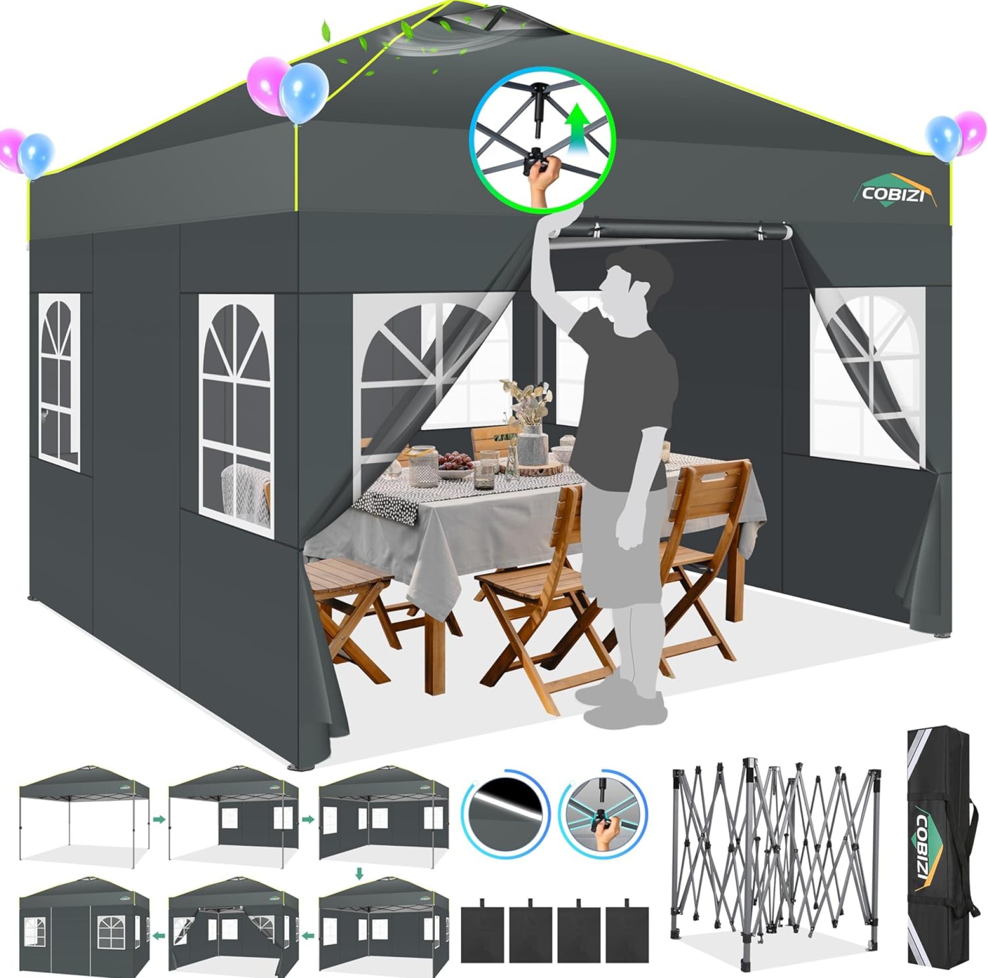 COBIZI 10×10 Pop up Canopy Tent with Sidewalls One Person Setup, Easy Outdoor Commercial Event Gazebo Shelter Enclosed Waterproof, with Air Vent, 4 Sandbags for Garden,Party,Grey COBIZI 10×10 Pop up Canopy Tent with Sidewalls One Person Setup, Easy Outdoor Commercial Event Gazebo Shelter Enclosed Waterproof, with Air Vent, 4 Sandbags for Garden,Party,Grey