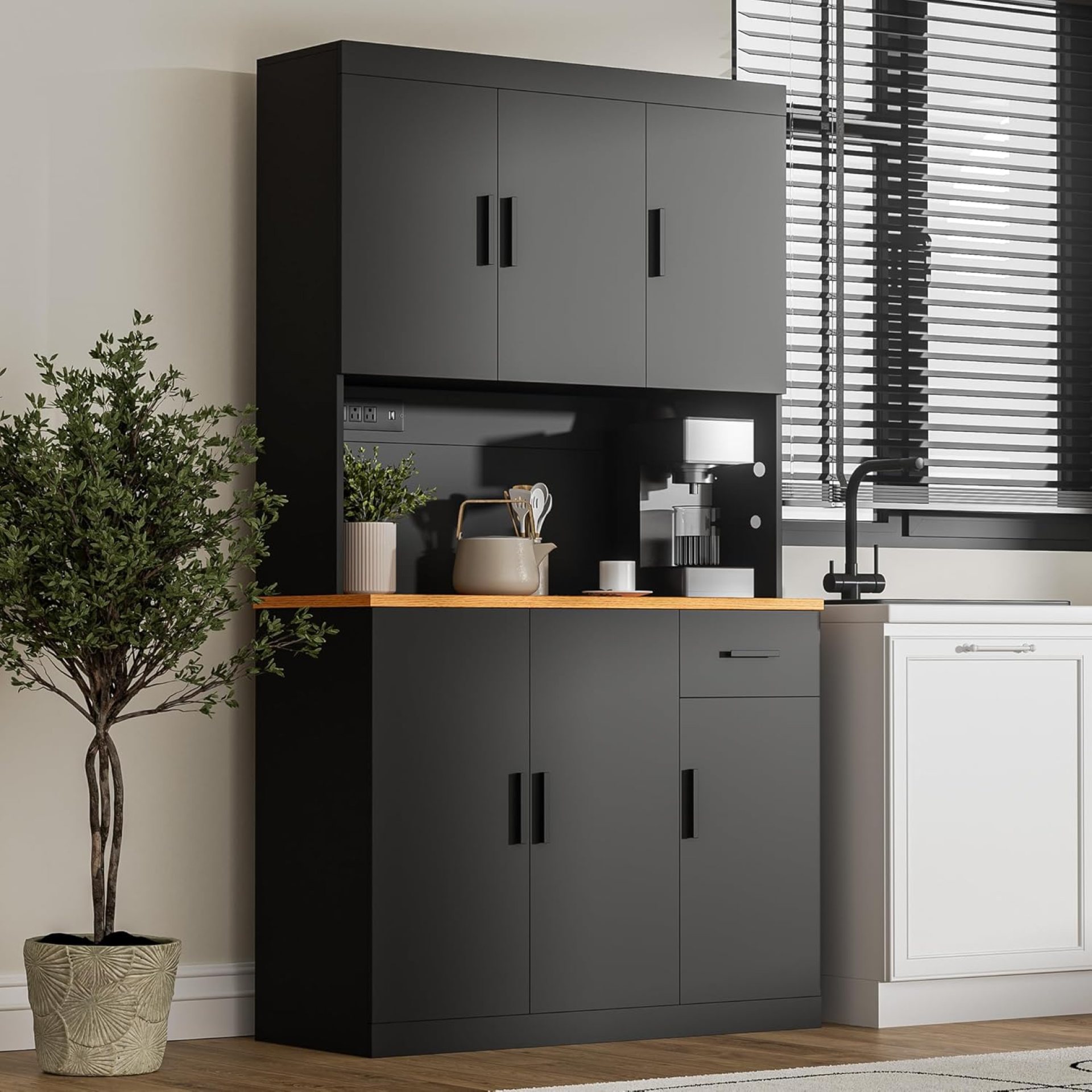 Black Kitchen Pantry Cabinet, 71″ Tall Kitchen Storage Cabinet with Power Outlet, Freestanding Kitchen Hutch with countertop Black Kitchen Pantry Cabinet, 71″ Tall Kitchen Storage Cabinet with Power Outlet, Freestanding Kitchen Hutch with countertop