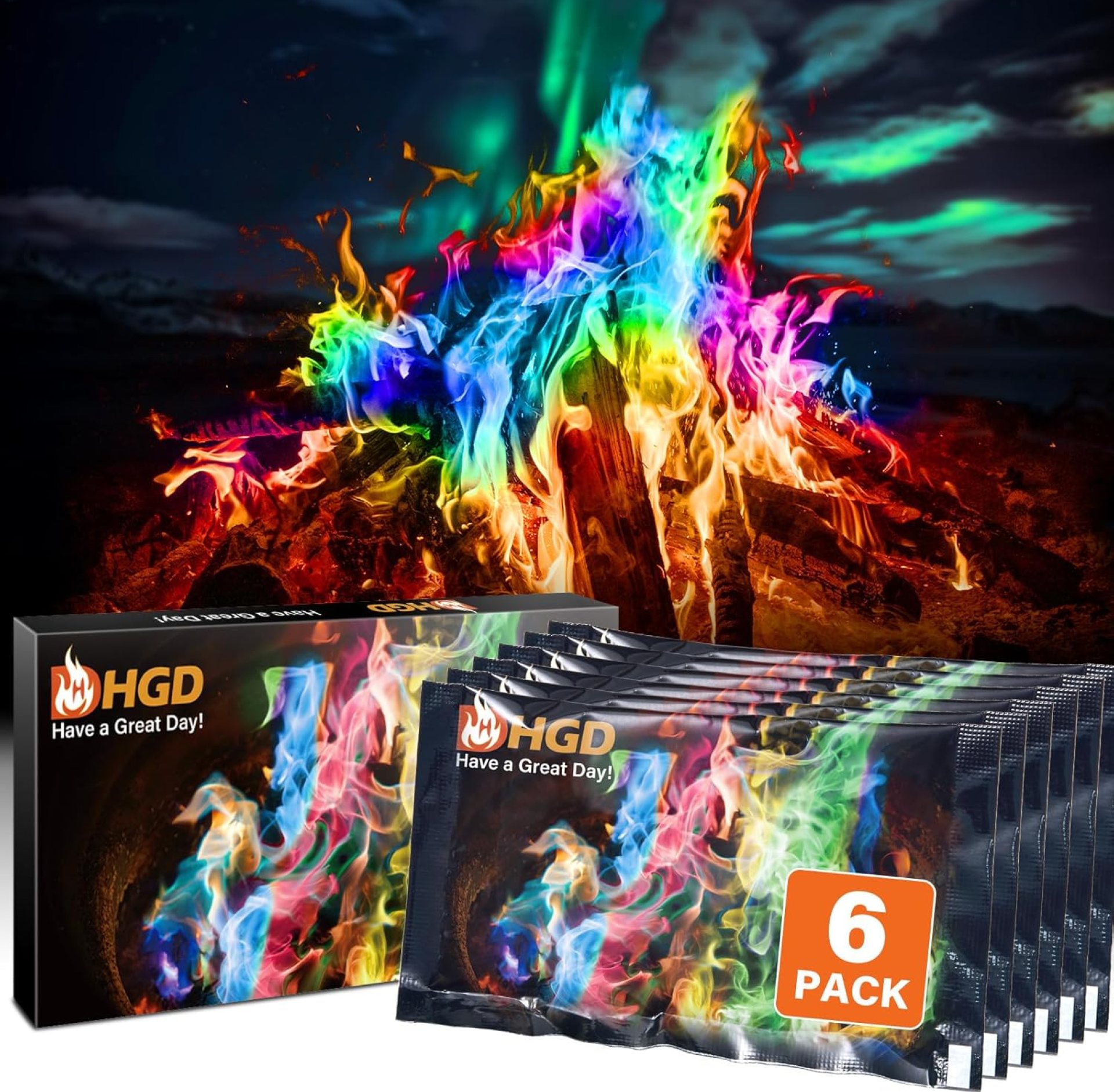 HGD (6 Pack) Magic Campfire Fire Color Changing Packets for Fire Pit, Indoor/Outdoor Fireplace, Bonfire – Rainbow Magical Flame, Camping Accessory, Compatible with Wood HGD (6 Pack) Magic Campfire Fire Color Changing Packets for Fire Pit, Indoor/Outdoor Fireplace, Bonfire – Rainbow Magical Flame, Camping Accessory, Compatible with Wood