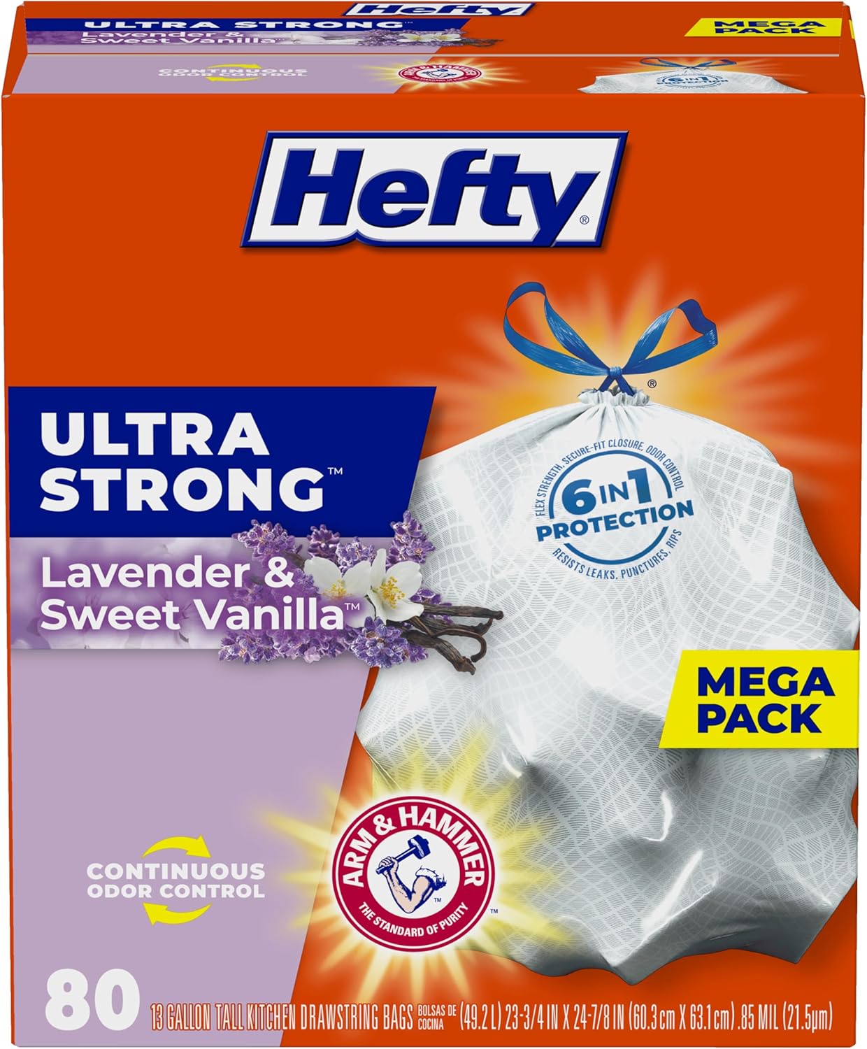 Hefty Ultra Strong 13 Gallon Trash Bags, Tall Kitchen Trash Bags 13 Gallon Size, Drawstring Closure, Continuous Odor Control, White, Lavender and Sweet Vanilla Scent, 80 Bags Hefty Ultra Strong 13 Gallon Trash Bags, Tall Kitchen Trash Bags 13 Gallon Size, Drawstring Closure, Continuous Odor Control, White, Lavender and Sweet Vanilla Scent, 80 Bags