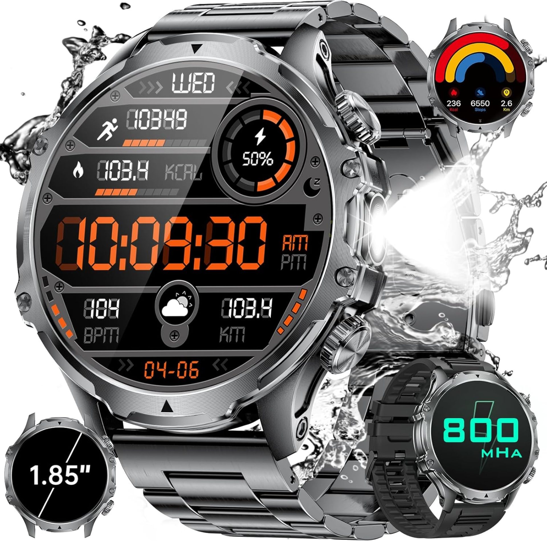 Military Smart Watch for Men, 1.85” HD Large Screen Smartwatch, Flashlight/5ATM Waterproof/800mAh/100+ Sports Fitness Tracker Watch, Pedometer Mens Smart Watch for Android iPhone Compatible Military Smart Watch for Men, 1.85” HD Large Screen Smartwatch, Flashlight/5ATM Waterproof/800mAh/100+ Sports Fitness Tracker Watch, Pedometer Mens Smart Watch for Android iPhone Compatible