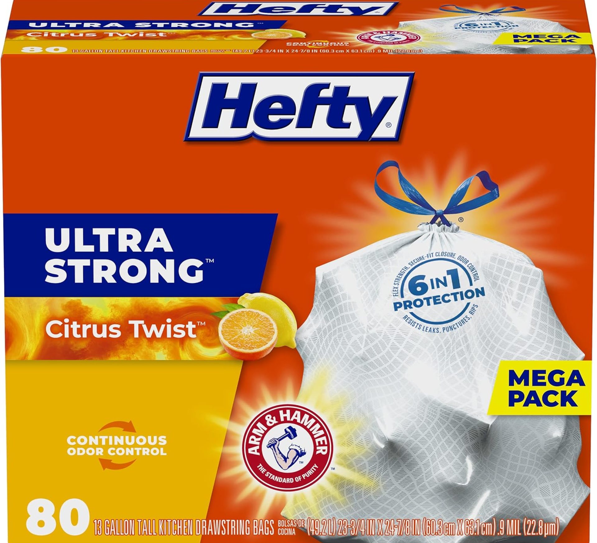 Hefty Ultra Strong Tall Kitchen Trash Bags, 13 Gallon Citrus Twist Scent, 80 Count (Pack of 1), White Hefty Ultra Strong Tall Kitchen Trash Bags, 13 Gallon Citrus Twist Scent, 80 Count (Pack of 1), White