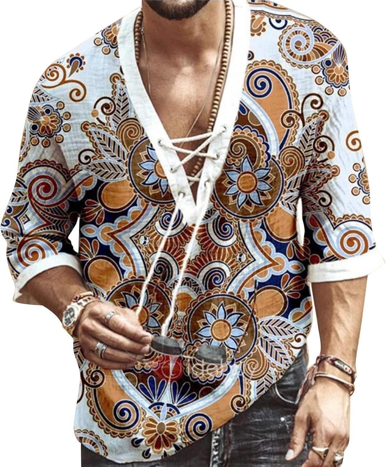 Men’s Fashion Shirt Short Sleeve Beach V-Neck Drawstring Printing Yoga African Summer Top Men’s Fashion Shirt Short Sleeve Beach V-Neck Drawstring Printing Yoga African Summer Top