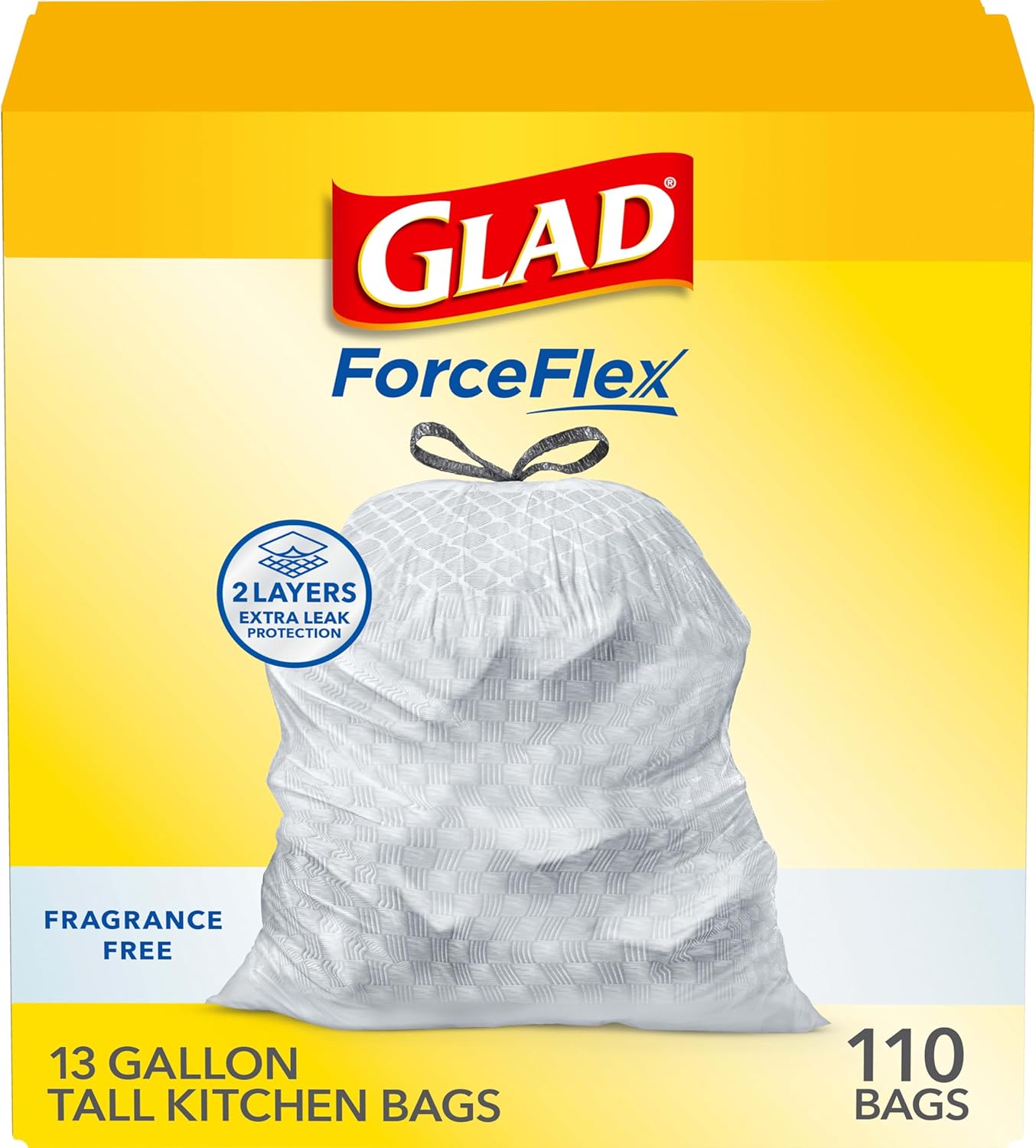 Glad ForceFlex Drawstring Trash Bags, 13 Gal, Fragrance Free, 110 Ct, Pack May Vary Glad ForceFlex Drawstring Trash Bags, 13 Gal, Fragrance Free, 110 Ct, Pack May Vary