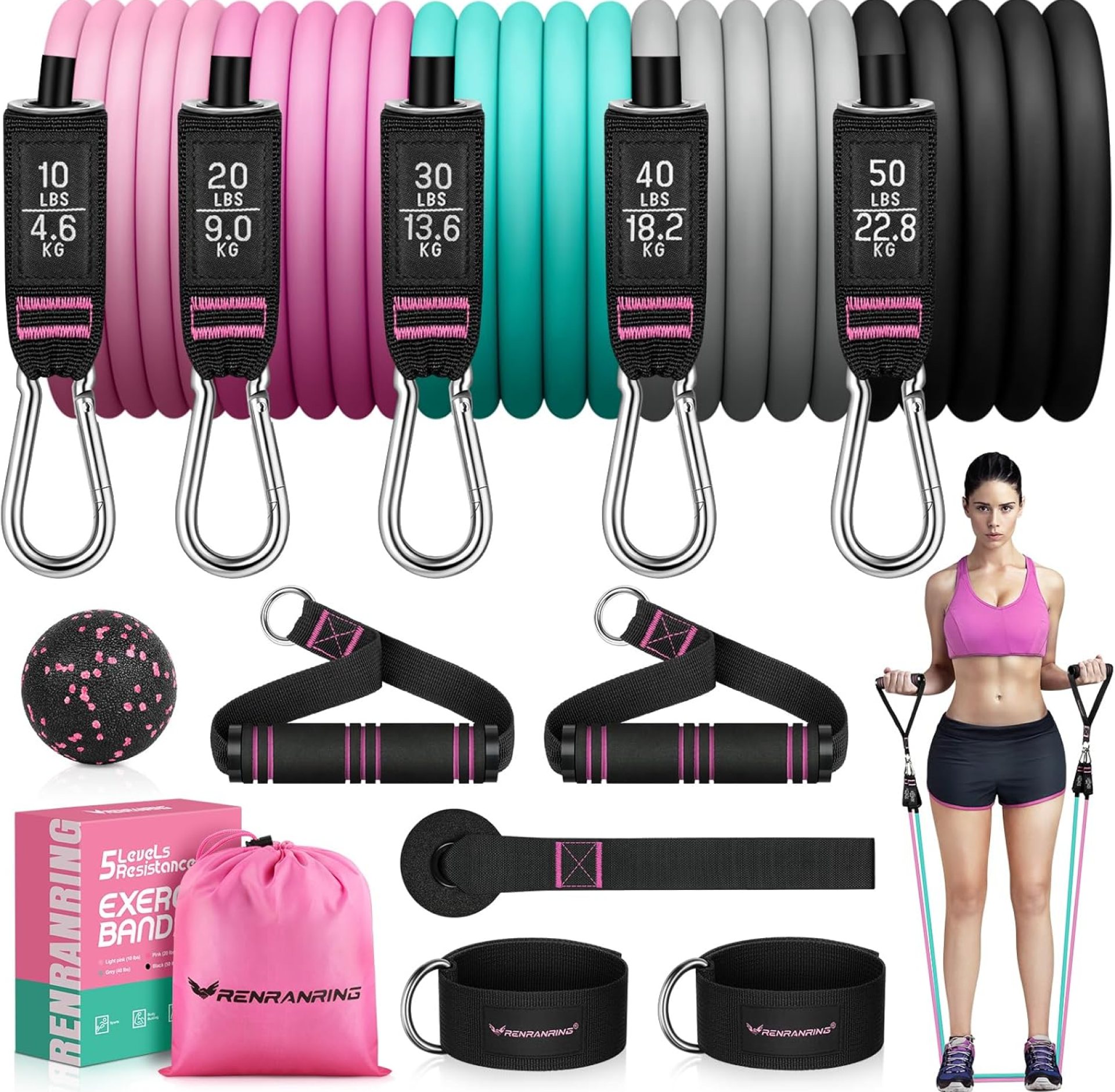 RENRANRING Resistance Bands for Working Out, 150LBS Exercise Bands, Workout Bands, Resistance Bands Set with Handles for Men Women, Legs Ankle Straps for Muscle Training RENRANRING Resistance Bands for Working Out, 150LBS Exercise Bands, Workout Bands, Resistance Bands Set with Handles for Men Women, Legs Ankle Straps for Muscle Training