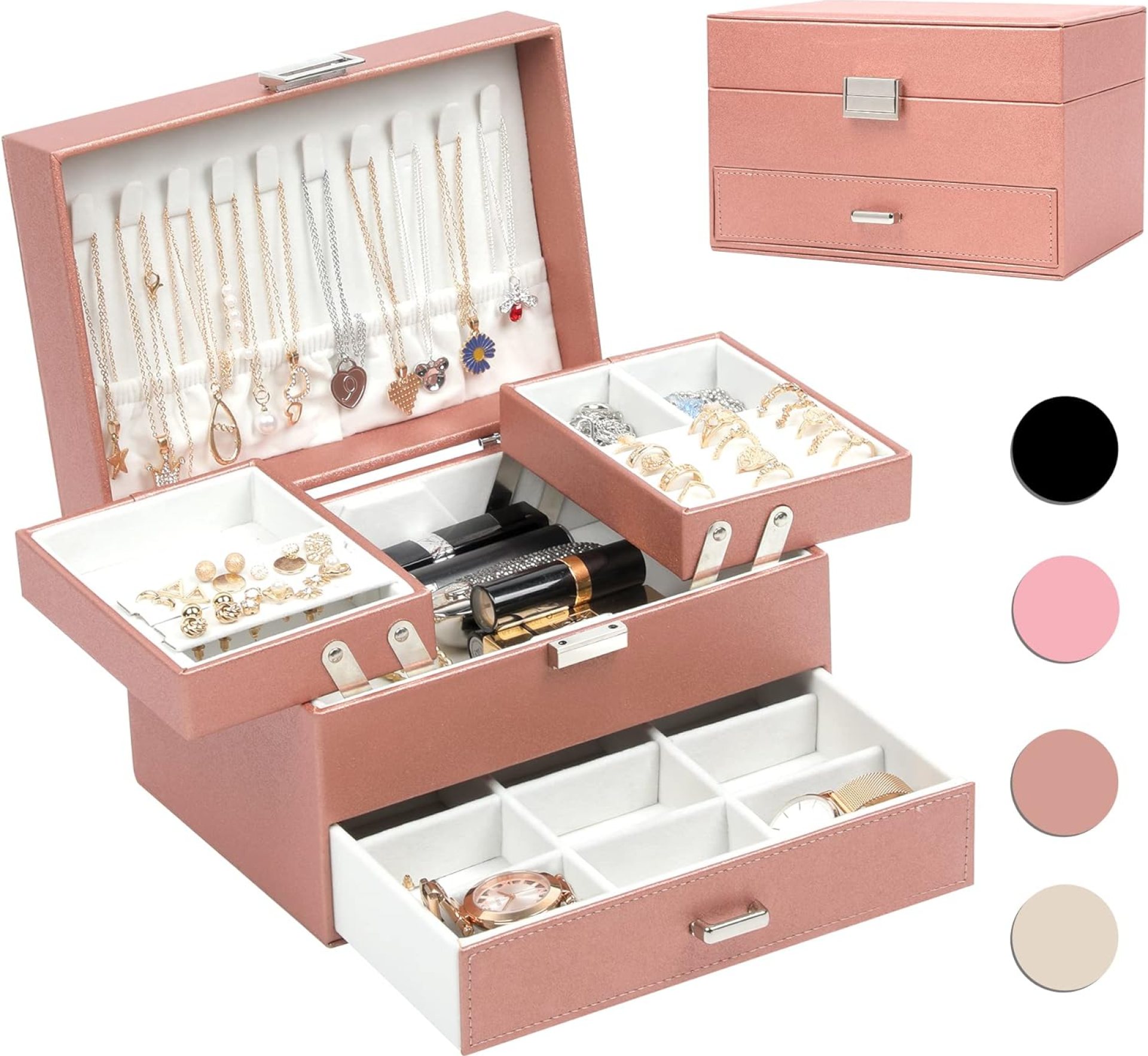 Dajasan Jewelry Organizer Box, Jewelry Box Organizer for Women Girls, 3 Layers Large Jewelry Storage Case for Earring, Rings, Necklaces Bracelets, Watch (Rose Gold) Dajasan Jewelry Organizer Box, Jewelry Box Organizer for Women Girls, 3 Layers Large Jewelry Storage Case for Earring, Rings, Necklaces Bracelets, Watch (Rose Gold)