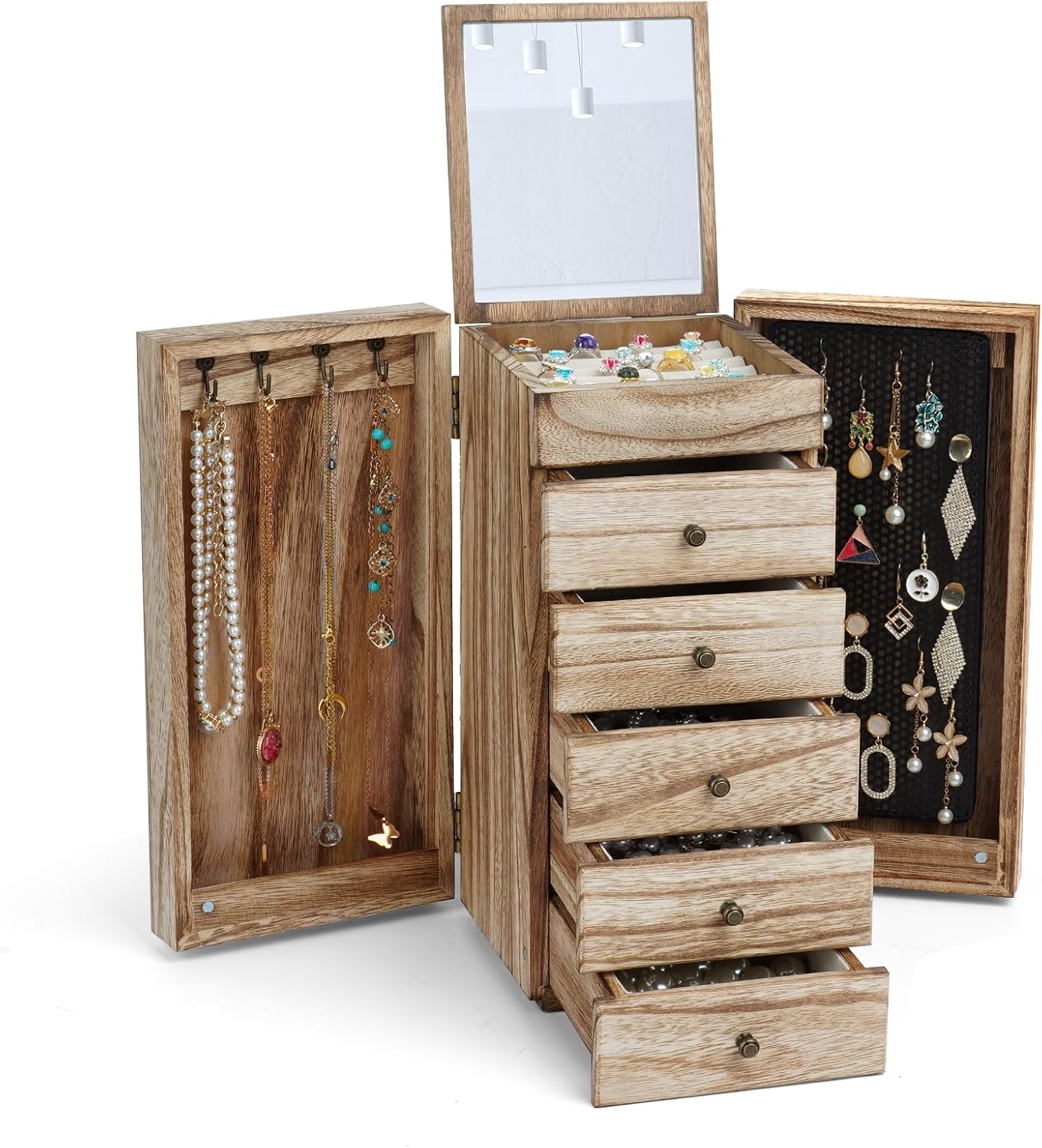 Meangood Jewelry Box Wood for Women, 6-Layer Large Organizer Box with Mirror & 5 Drawers for Rings, Earrings, Necklaces, Vintage Style, Carbonized Black Meangood Jewelry Box Wood for Women, 6-Layer Large Organizer Box with Mirror & 5 Drawers for Rings, Earrings, Necklaces, Vintage Style, Carbonized Black