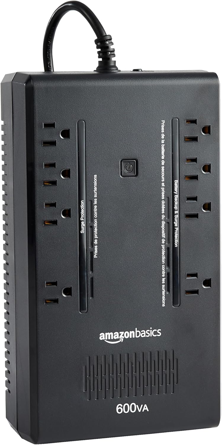 Amazon Basics UPS Battery Backup & Surge Protector 600VA/360W, 8 Outlets, Standby Uninterruptible Power Supply, for Power Outage Protection, Compact, Black Amazon Basics UPS Battery Backup & Surge Protector 600VA/360W, 8 Outlets, Standby Uninterruptible Power Supply, for Power Outage Protection, Compact, Black