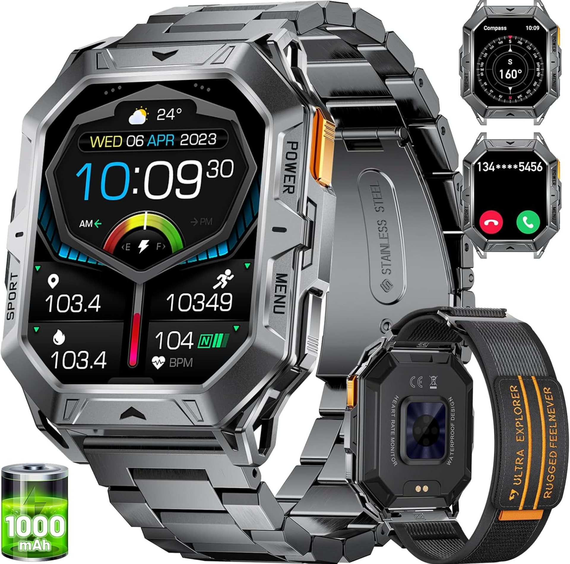 Smart Watch with 1000 mAh Battery, 2.13″ AMOLED Full Touch Screen Military Smart Watches for Men with Make/Answer Call/110 Sports Modes/5ATM Waterproof Watch/Sleep Monitor, iOS Android Smart Watch with 1000 mAh Battery, 2.13″ AMOLED Full Touch Screen Military Smart Watches for Men with Make/Answer Call/110 Sports Modes/5ATM Waterproof Watch/Sleep Monitor, iOS Android