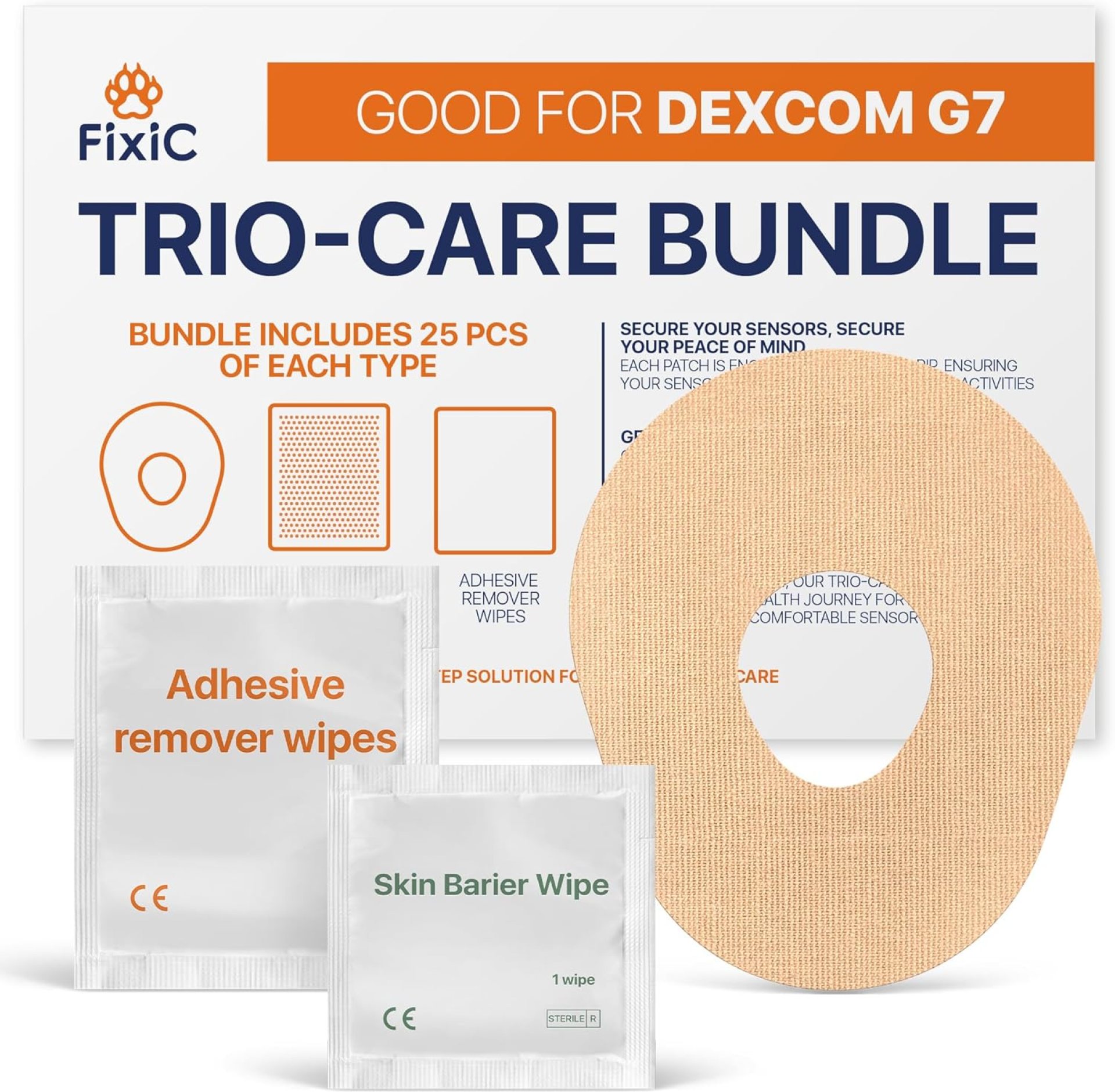Fixic Trio-Care Bundle 75 PCS – 25 G7 Adhesive Patches, 25 Skin Barrier Wipes, 25 Adhesive Remover Wipes – an Ultimate Solution for Your Sensor! Fixic Trio-Care Bundle 75 PCS – 25 G7 Adhesive Patches, 25 Skin Barrier Wipes, 25 Adhesive Remover Wipes – an Ultimate Solution for Your Sensor!