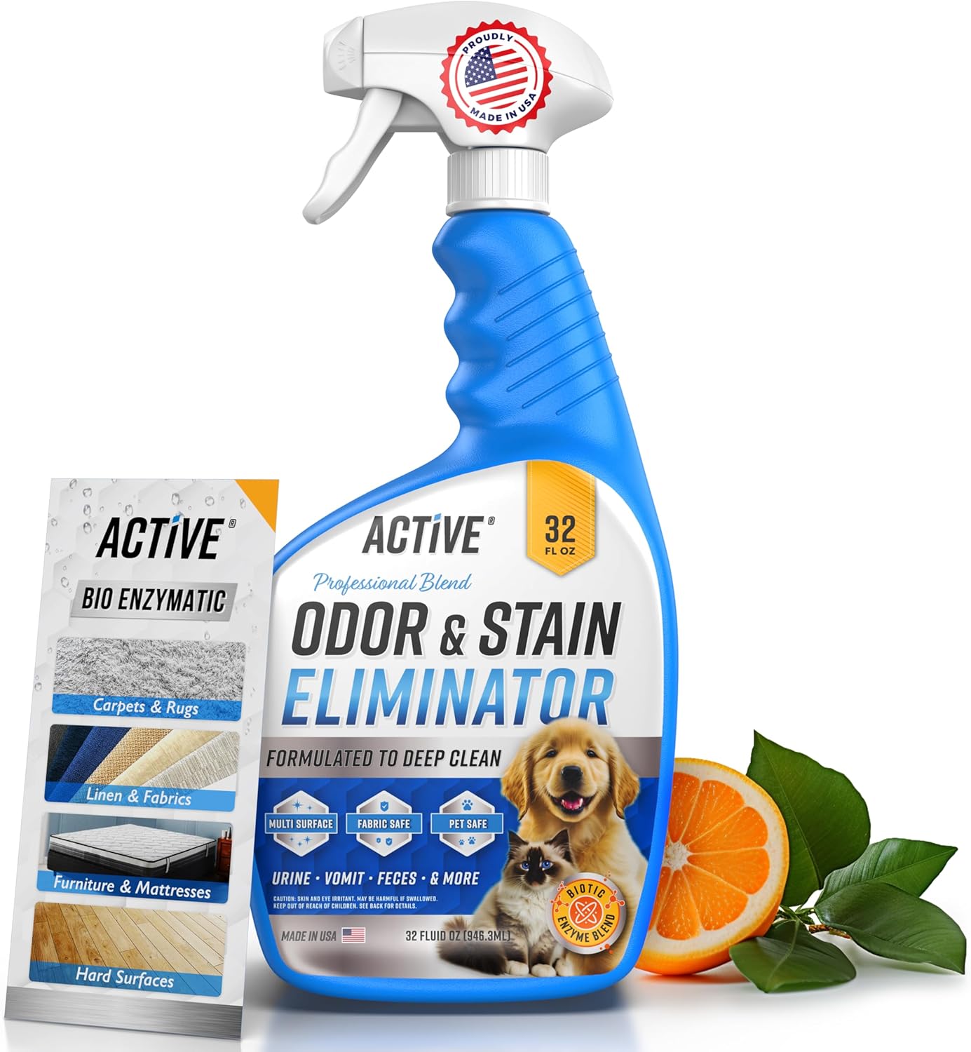 Pet Odor and Stain Eliminator – 32 oz ACTIVE Enzyme Cleaner for Dog & Cat Urine, Stain Remover Spray for Carpet, Upholstery, Hardwood, Spot Cleaning, Deodorizer for Dogs Cats Pets – Natural Citrus Oil Pet Odor and Stain Eliminator – 32 oz ACTIVE Enzyme Cleaner for Dog & Cat Urine, Stain Remover Spray for Carpet, Upholstery, Hardwood, Spot Cleaning, Deodorizer for Dogs Cats Pets – Natural Citrus Oil