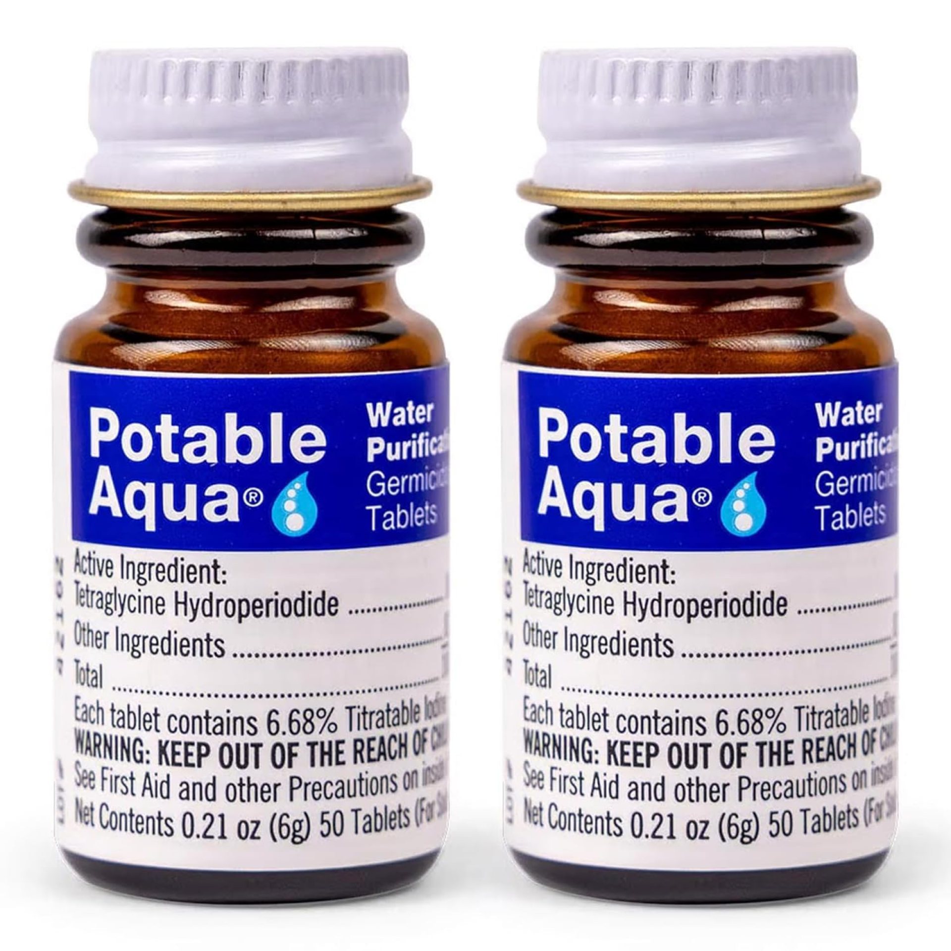 Potable Aqua Water Purification Tablets, Portable and Effective Water Purification Solution for Camping, Hiking, Emergencies, Natural Disasters and International Travel, Two 50ct Bottles, Blue Potable Aqua Water Purification Tablets, Portable and Effective Water Purification Solution for Camping, Hiking, Emergencies, Natural Disasters and International Travel, Two 50ct Bottles, Blue