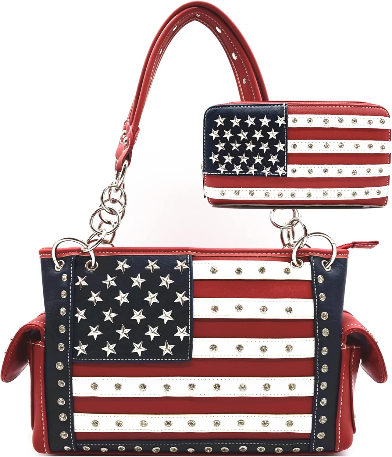 American Flag USA Stars and Stripes Patriotic Leather Purse Women Rhinestone Country Handbag Wallet Set Red White and Blue American Flag USA Stars and Stripes Patriotic Leather Purse Women Rhinestone Country Handbag Wallet Set Red White and Blue