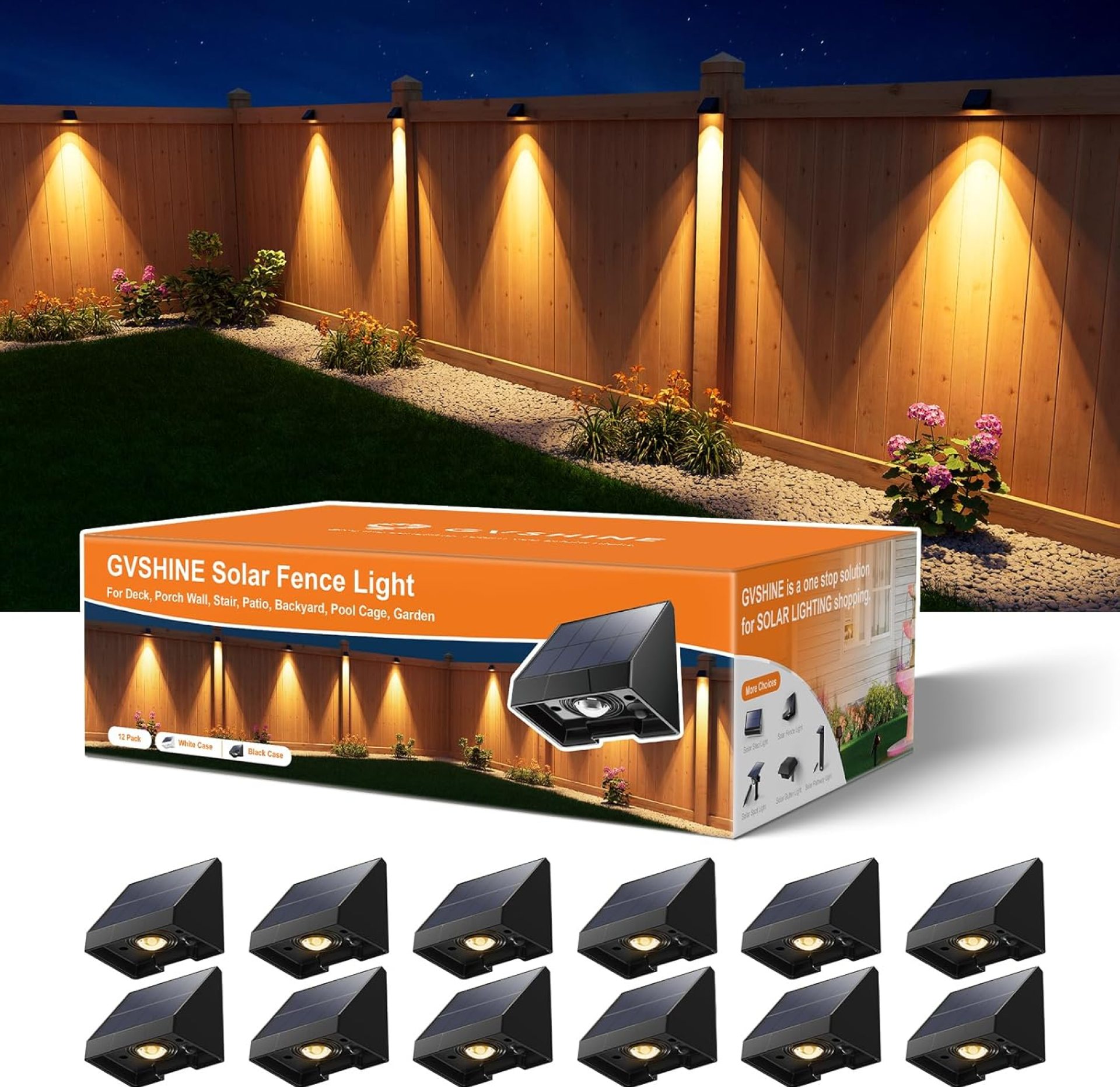 12 Pack Decorative Solar Powered Fence Lights Outdoor Waterproof with Warm White LED Spot Lens, for Outside Wall, Deck, Patio, Yard, Rail, Garage, Pool, Designed for Enhanced Security, Easy Install 12 Pack Decorative Solar Powered Fence Lights Outdoor Waterproof with Warm White LED Spot Lens, for Outside Wall, Deck, Patio, Yard, Rail, Garage, Pool, Designed for Enhanced Security, Easy Install