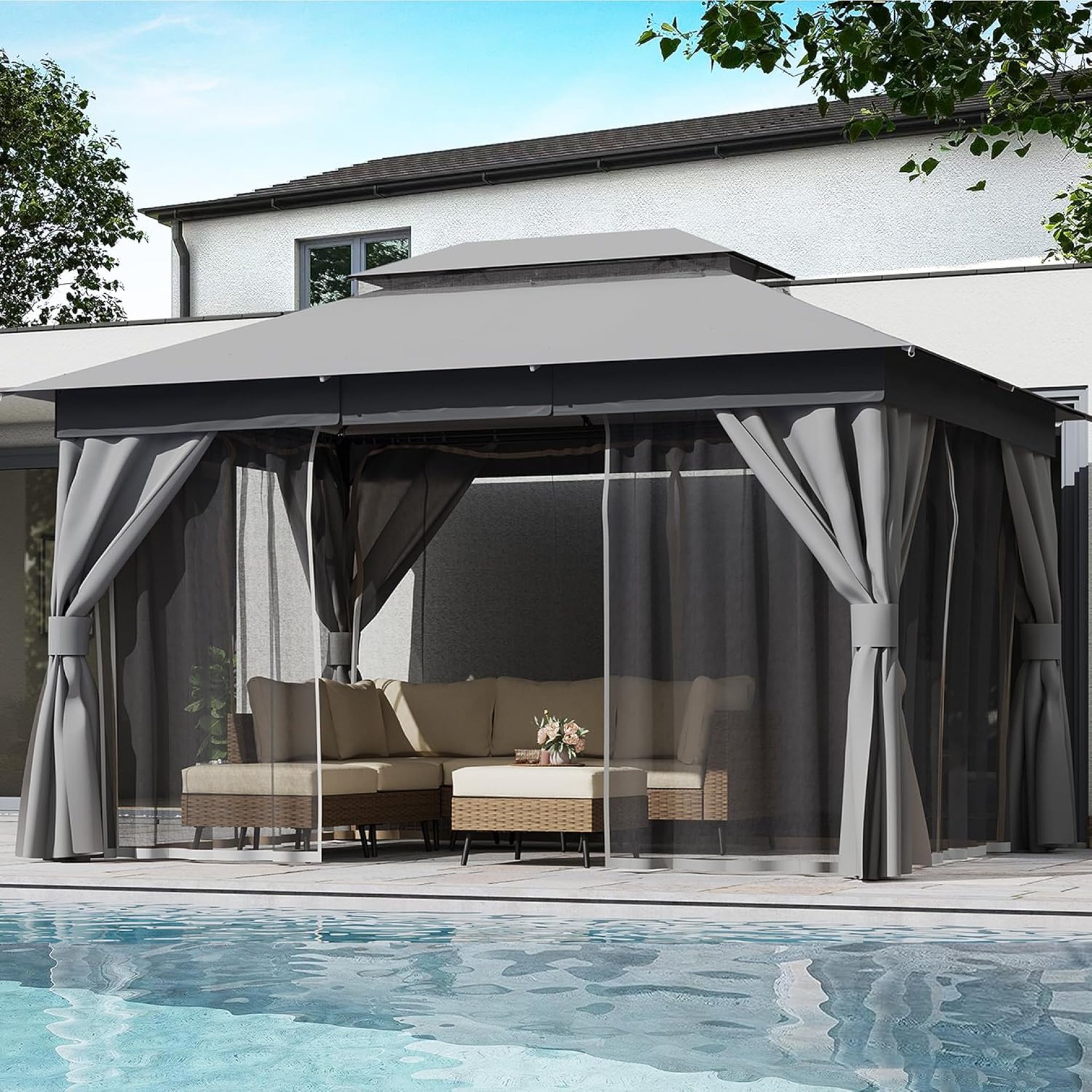 LAUSAINT HOME Outdoor Patio Gazebo 10’x13′ with Expansion Bolts, Heavy Duty Party Tent & Shelter with Double Roofs, Mosquito Nettings and Privacy Screens for Backyard, Garden, Lawn, Smoke Grey LAUSAINT HOME Outdoor Patio Gazebo 10’x13′ with Expansion Bolts, Heavy Duty Party Tent & Shelter with Double Roofs, Mosquito Nettings and Privacy Screens for Backyard, Garden, Lawn, Smoke Grey