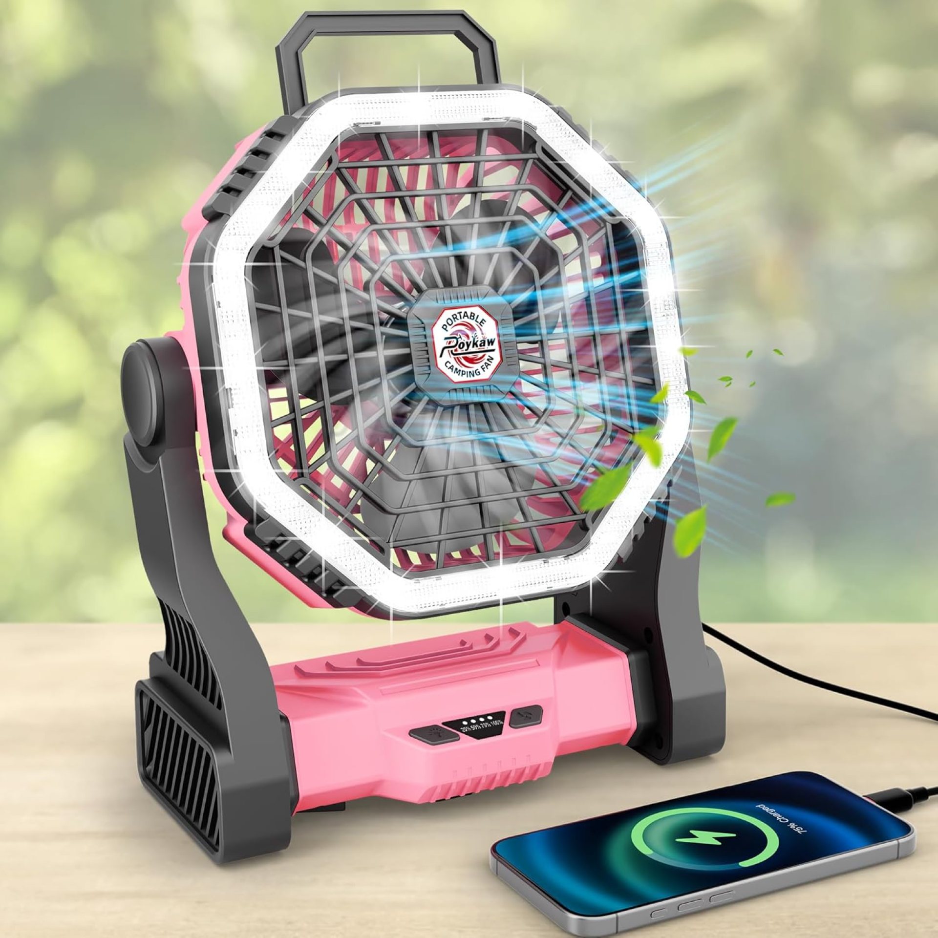 Roykaw Portable Fan for Travel, 10400 mAH Rechargeable Camping Fan, Cordless Battery Powered Fan with Led Light, with Handle, Hang Hook for Tent, Fishing, Pink Roykaw Portable Fan for Travel, 10400 mAH Rechargeable Camping Fan, Cordless Battery Powered Fan with Led Light, with Handle, Hang Hook for Tent, Fishing, Pink