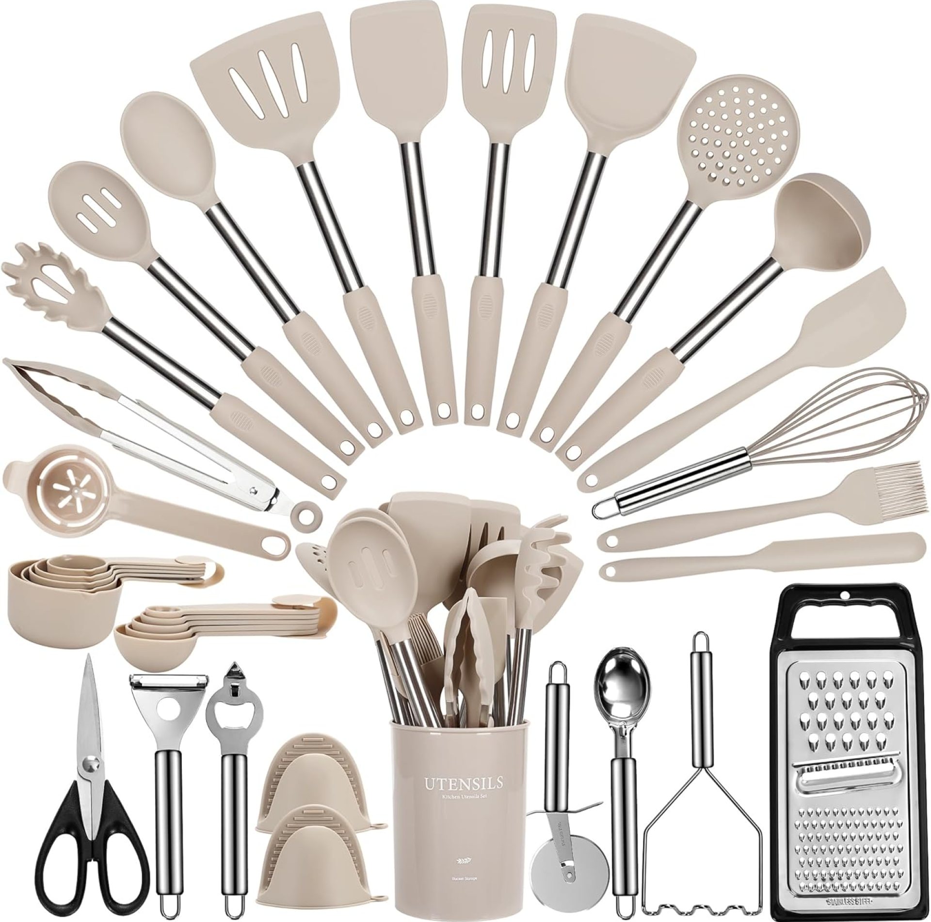Large Cooking Utensils Set, 35 Pcs Spatula Set with Holder, Silicone Kitchen Utensils Set with Stainless Steel Handle, Cheese Grater, Ice Cream Scoop, Pizza Cutter Kitchen Gadgets (Khaki) Large Cooking Utensils Set, 35 Pcs Spatula Set with Holder, Silicone Kitchen Utensils Set with Stainless Steel Handle, Cheese Grater, Ice Cream Scoop, Pizza Cutter Kitchen Gadgets (Khaki)