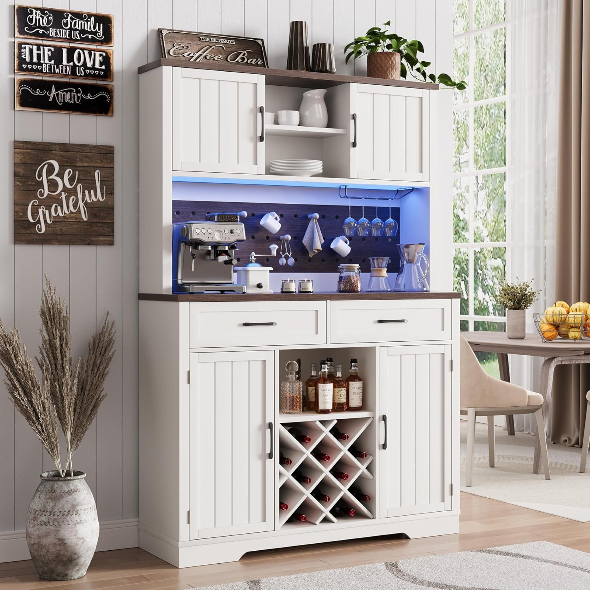 72″ Coffee Bar Cabinet with Power Outlet & LED Light, Farmhouse Large Kitchen Hutch with Sliding Barn Door, Tall Bar Cabinets with Storage Drawers & Wine Glass Rack,Pantry China Cabinet for Home,White 72″ Coffee Bar Cabinet with Power Outlet & LED Light, Farmhouse Large Kitchen Hutch with Sliding Barn Door, Tall Bar Cabinets with Storage Drawers & Wine Glass Rack,Pantry China Cabinet for Home,White