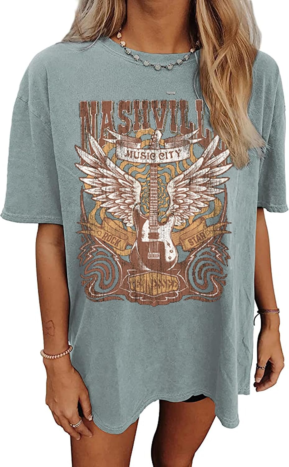 Oversized Rock Band T-Shirt Women Country Music Shirt Tops Nashville Music City Tshirt Vintage Guitar Wings Graphic Tees Oversized Rock Band T-Shirt Women Country Music Shirt Tops Nashville Music City Tshirt Vintage Guitar Wings Graphic Tees
