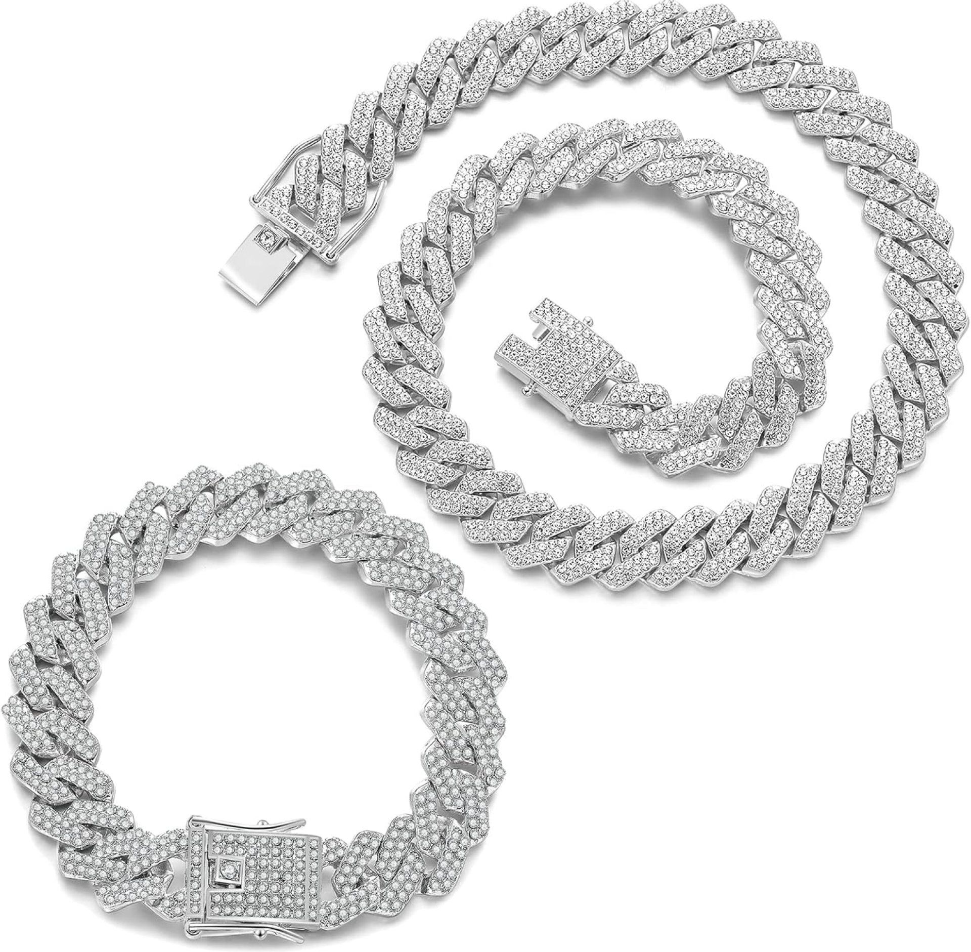 JUNVirtuous 2 Pieces Cuban Link Chain Mens Iced Out Miami Cuban Necklace and Bracelet Silver Bling Diamond Hip Hop Jewelry for Men and Women… JUNVirtuous 2 Pieces Cuban Link Chain Mens Iced Out Miami Cuban Necklace and Bracelet Silver Bling Diamond Hip Hop Jewelry for Men and Women…