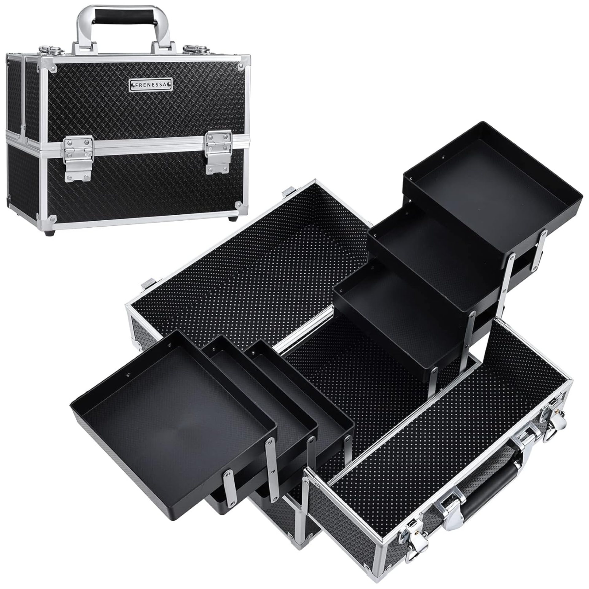 FRENESSA Makeup Train Case 12 inch Large Portable Cosmetic Case – 6 Tier Trays Professional Makeup Storage Organizer Box Make Up Carrier with Lockable keys Travel Case for Women and Girls – Black FRENESSA Makeup Train Case 12 inch Large Portable Cosmetic Case – 6 Tier Trays Professional Makeup Storage Organizer Box Make Up Carrier with Lockable keys Travel Case for Women and Girls – Black