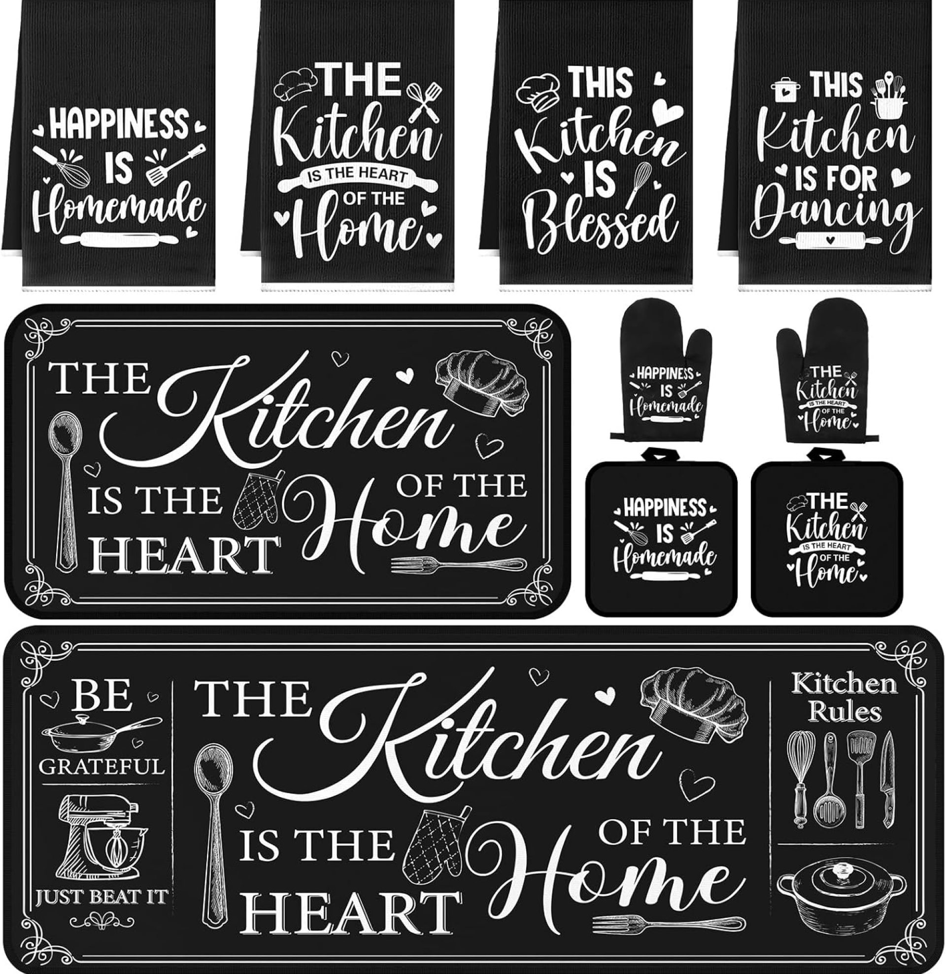 10 Pcs Farmhouse Kitchen Home Decor Set 4 Kitchen Dish Towels 2 Pot Holders 2 Oven Mitt Rustic Rug and Mat for Cooking Baking Daughter Mom Gift Decor (Black) 10 Pcs Farmhouse Kitchen Home Decor Set 4 Kitchen Dish Towels 2 Pot Holders 2 Oven Mitt Rustic Rug and Mat for Cooking Baking Daughter Mom Gift Decor (Black)