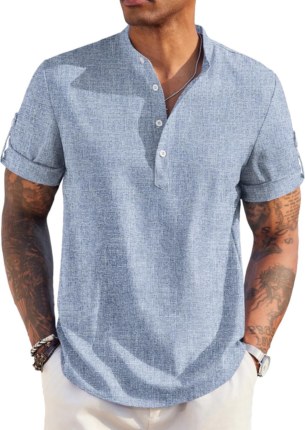 COOFANDY Men’s Casual Henley Shirt Short Sleeve Band Collar Linen Shirt Summer Beach Hippie T-Shirts COOFANDY Men’s Casual Henley Shirt Short Sleeve Band Collar Linen Shirt Summer Beach Hippie T-Shirts