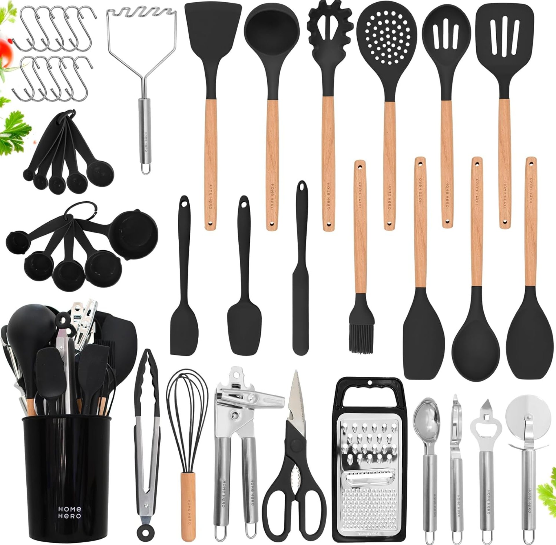 Home Hero 44 Pcs Silicone Kitchen Utensils Set, Non-Stick Silicone Cooking Utensils Set with Spatula, Wooden Handle Spatula, Silicone Kitchen Gadgets Utensil Set (44 Pcs – Black) Home Hero 44 Pcs Silicone Kitchen Utensils Set, Non-Stick Silicone Cooking Utensils Set with Spatula, Wooden Handle Spatula, Silicone Kitchen Gadgets Utensil Set (44 Pcs – Black)