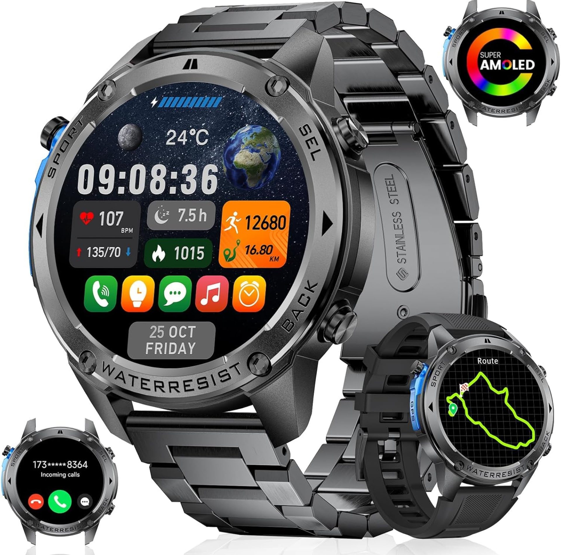 GPS Smart Watch for Men Military Rugged Smartwatches,Compass,50M Waterproof, 500mAh Large Battery,Answer/Make Call, 1.43″ AMOLED Screen, Compatible for Android iOS (2 Bands) Black GPS Smart Watch for Men Military Rugged Smartwatches,Compass,50M Waterproof, 500mAh Large Battery,Answer/Make Call, 1.43″ AMOLED Screen, Compatible for Android iOS (2 Bands) Black