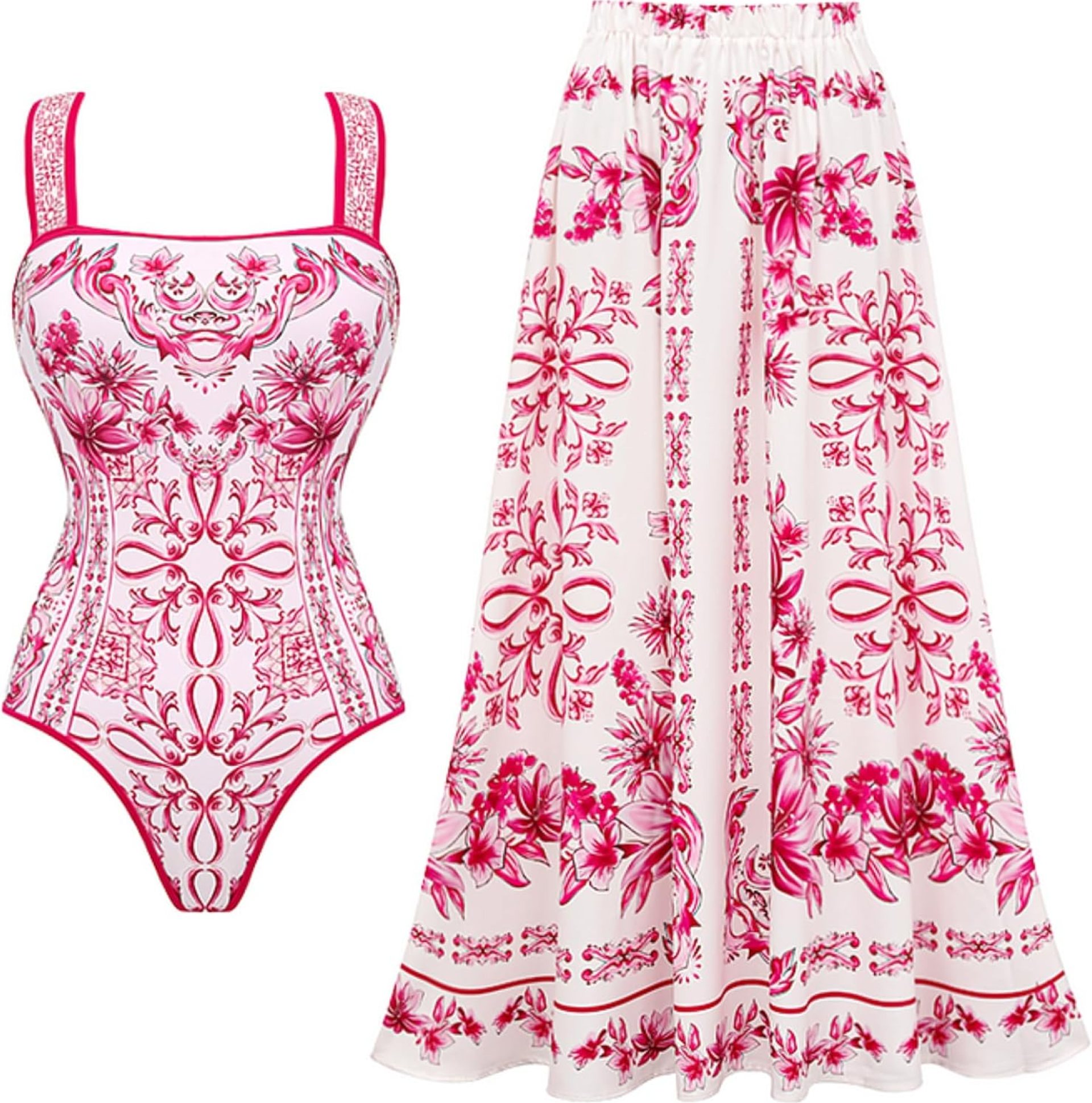 FLAXMAKER Lily and Majolica Series Intertwine Pattern Print Sling One Piece Swimsuit and Skirt FLAXMAKER Lily and Majolica Series Intertwine Pattern Print Sling One Piece Swimsuit and Skirt