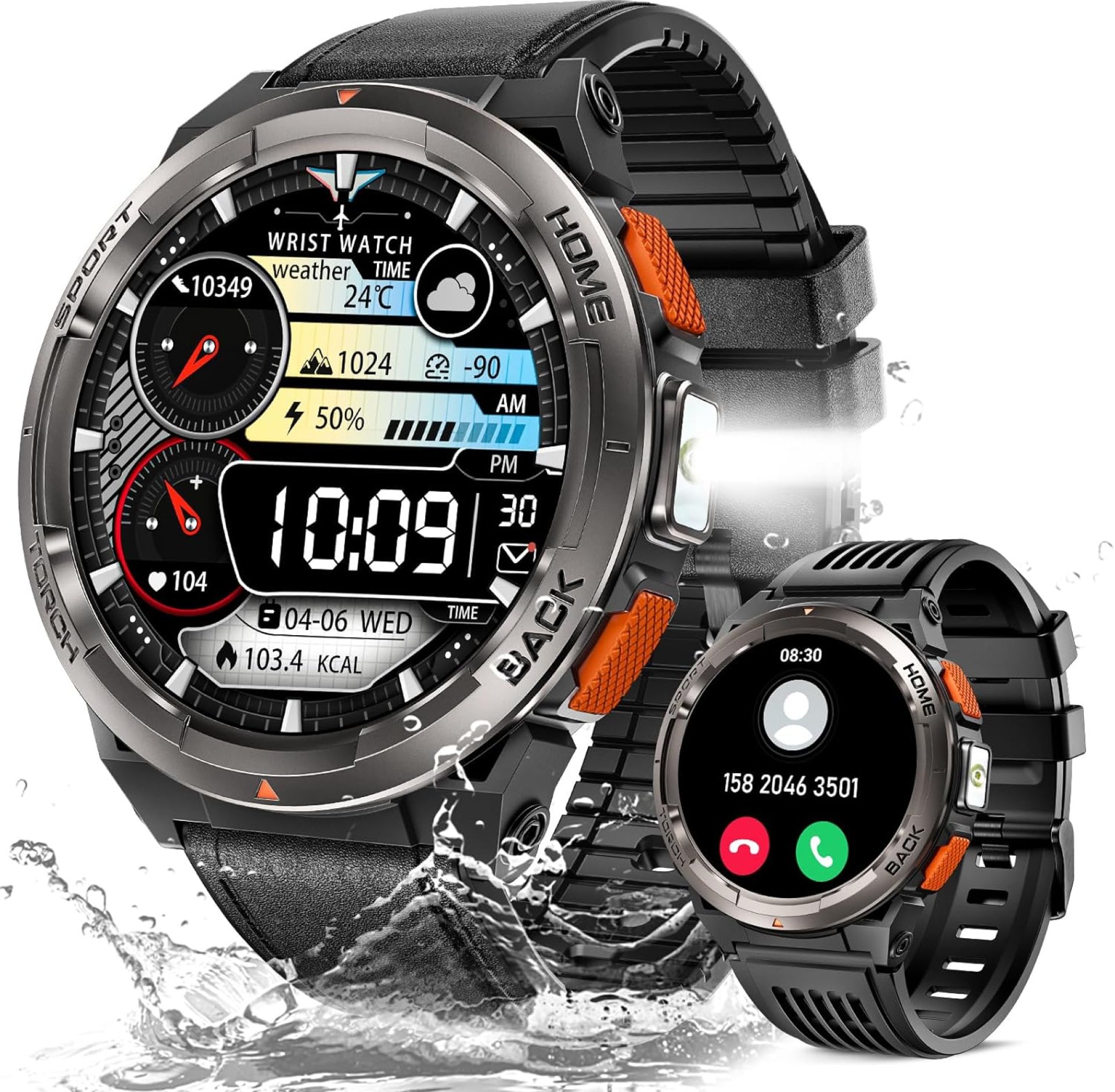 KE5 Military Smart Watch for Men with Flashlight SOS 3ATM Waterproof Watch 530mAh Big Battery 1.45″ Rugged Tactical Smartwatch with Compass Elevation Barometer Fitness Watch for iPhone (Leather) KE5 Military Smart Watch for Men with Flashlight SOS 3ATM Waterproof Watch 530mAh Big Battery 1.45″ Rugged Tactical Smartwatch with Compass Elevation Barometer Fitness Watch for iPhone (Leather)