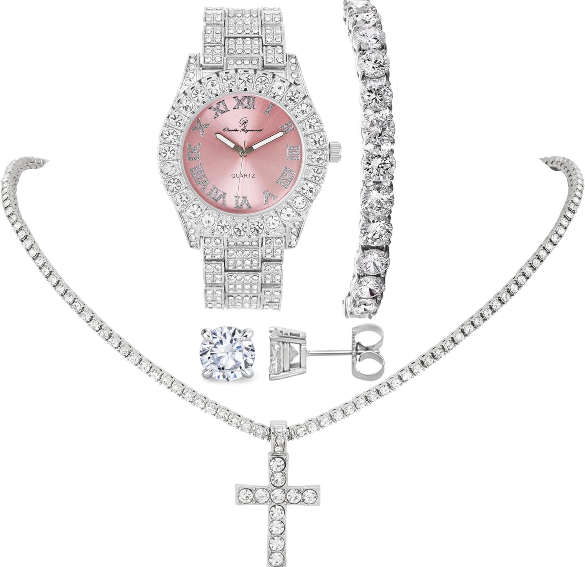 Women’s Iced out Watches with Diamond Stud Earrings and Flawless blinged out Cross Tennis Necklace & Bracelet – 4pc Cross Set Women’s Iced out Watches with Diamond Stud Earrings and Flawless blinged out Cross Tennis Necklace & Bracelet – 4pc Cross Set
