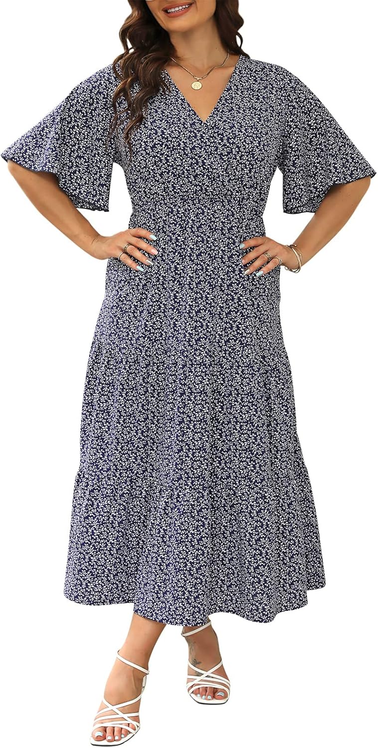 Keluummi Plus Size Wedding Guest Maxi Dresses for Curvy Women, Summer Casual Boho Floral Long Party Sundress with 3/4 Sleeve Keluummi Plus Size Wedding Guest Maxi Dresses for Curvy Women, Summer Casual Boho Floral Long Party Sundress with 3/4 Sleeve