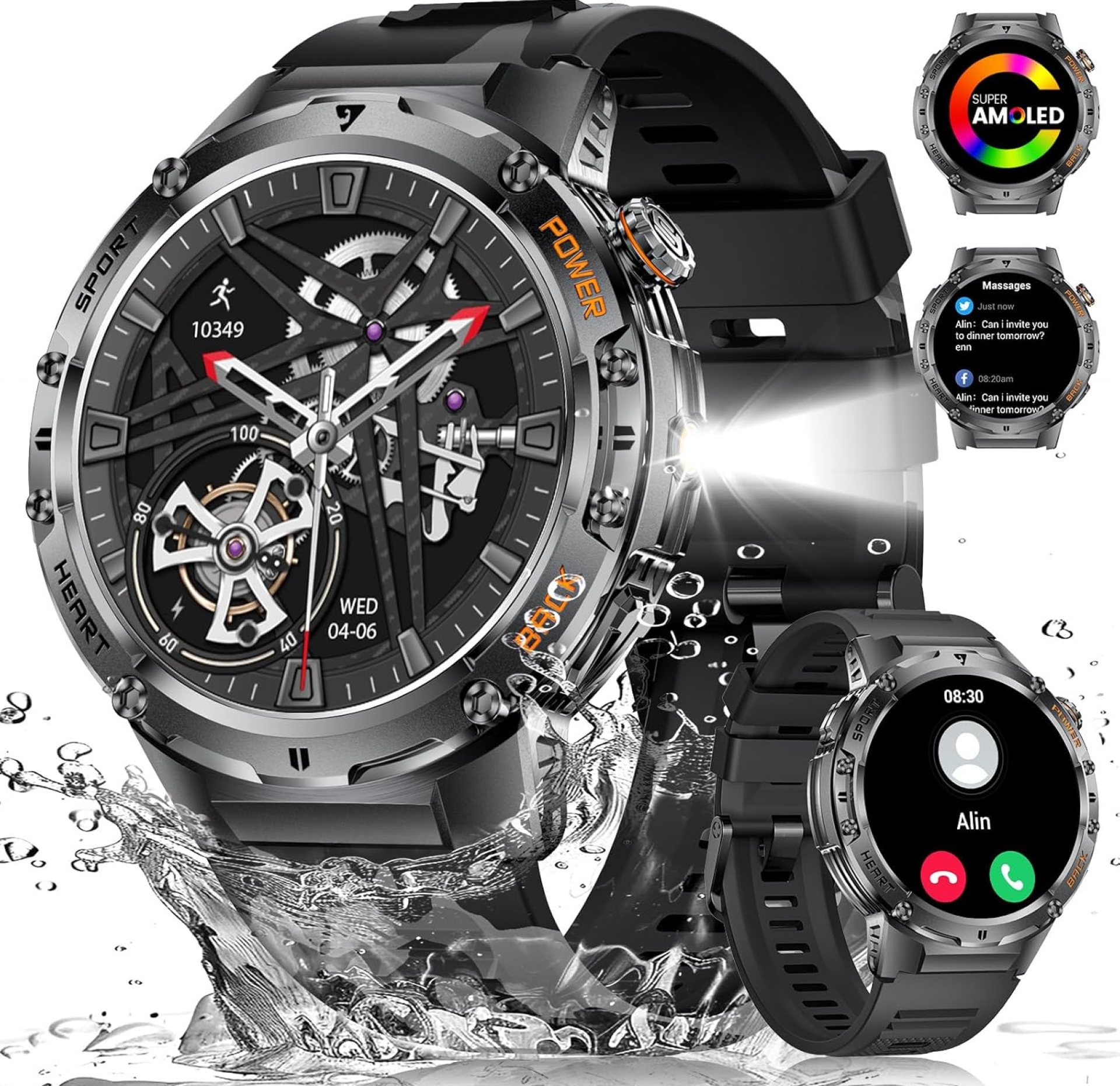 Military Smart Watch for Men, Flashlight 100+ Sports Modes Fitness Tracker Smartwatch, 1.43” AMOLED Display, 5ATM Waterproof, Heart Rate/Sleep Monitor, Mens Smart Watches for Android iOS Military Smart Watch for Men, Flashlight 100+ Sports Modes Fitness Tracker Smartwatch, 1.43” AMOLED Display, 5ATM Waterproof, Heart Rate/Sleep Monitor, Mens Smart Watches for Android iOS