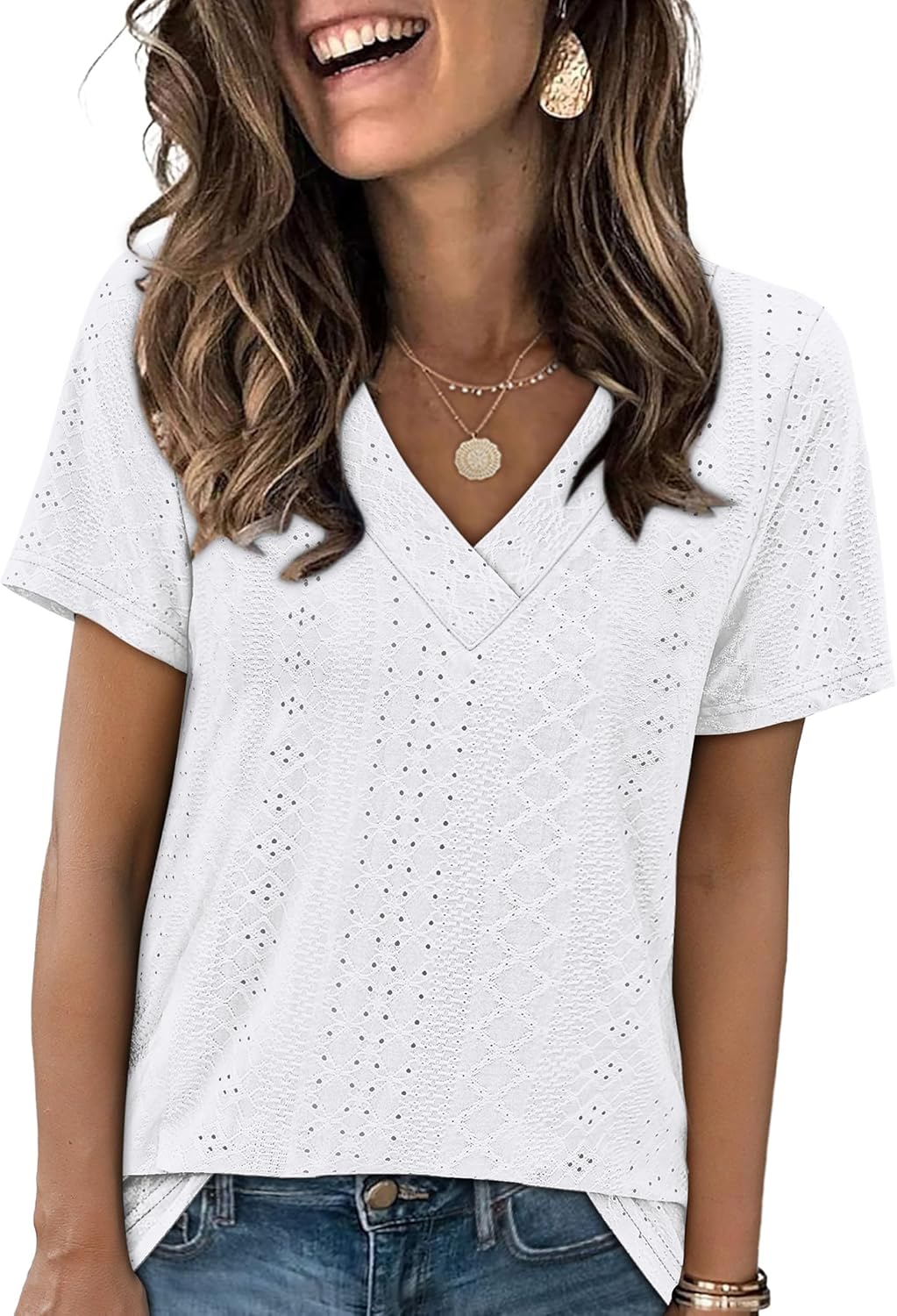 SAMPEEL Womens Summer Tops Trendy 2025 Eyelet Crossed V Neck T Shirts Loose Casual Short Sleeve Tshirts Shirts Fashion SAMPEEL Womens Summer Tops Trendy 2025 Eyelet Crossed V Neck T Shirts Loose Casual Short Sleeve Tshirts Shirts Fashion