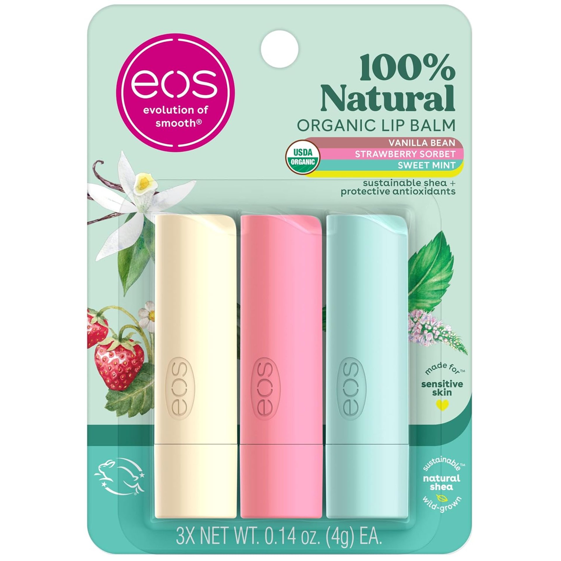 eos 100% Natural & Organic Lip Balm Trio- Vanilla Bean, Sweet Mint, & Strawberry Sorbet, Made for Sensitive Skin, Lip Care Products, 0.14 oz, 3-Pack eos 100% Natural & Organic Lip Balm Trio- Vanilla Bean, Sweet Mint, & Strawberry Sorbet, Made for Sensitive Skin, Lip Care Products, 0.14 oz, 3-Pack