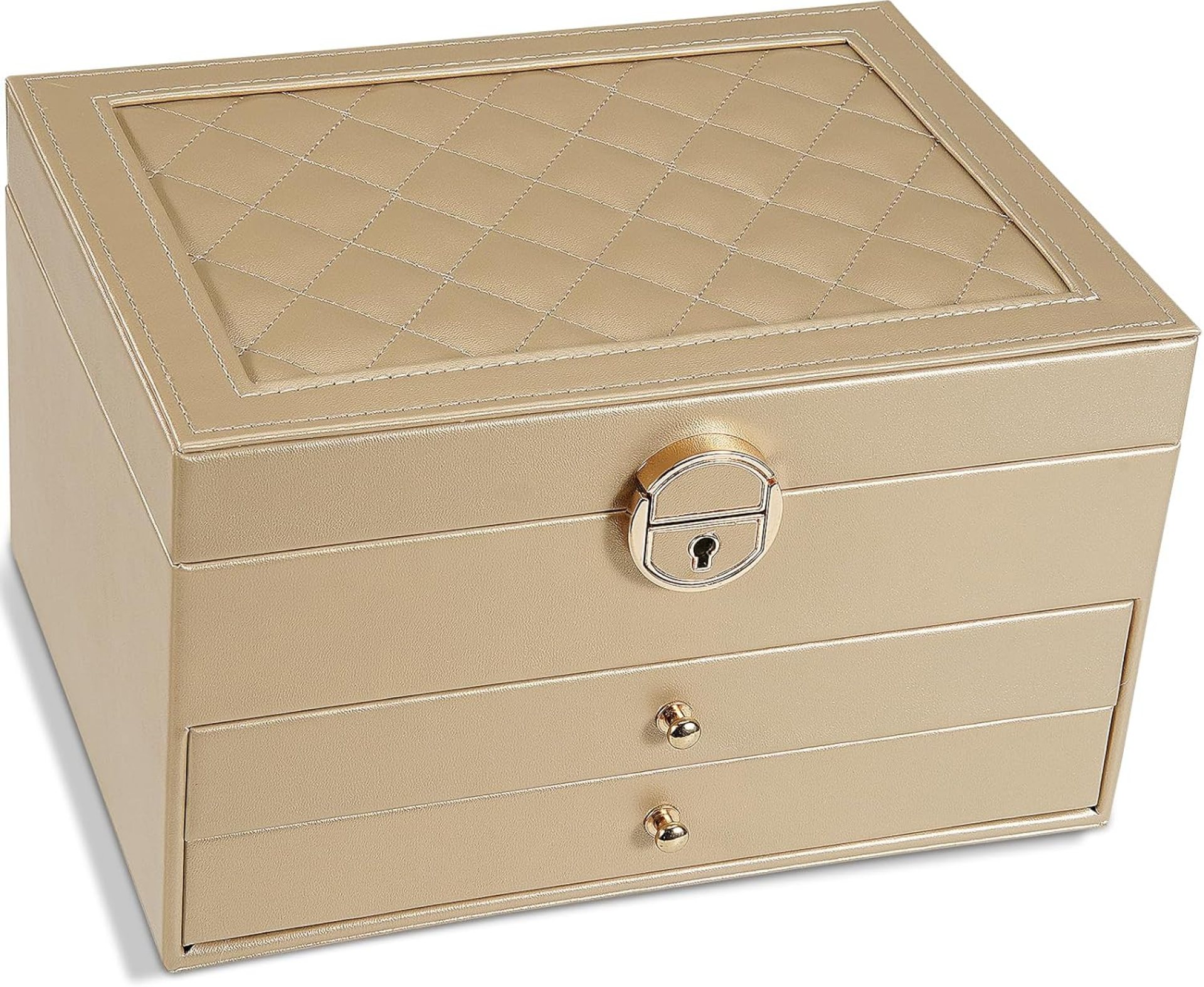 3-Layer Jewelry Box for Women, Earing Holder Jewelry Organizer and Storage with Removable Tray, Vintage Quilted Top Lockable Holder Gift Idea Champagne 3-Layer Jewelry Box for Women, Earing Holder Jewelry Organizer and Storage with Removable Tray, Vintage Quilted Top Lockable Holder Gift Idea Champagne