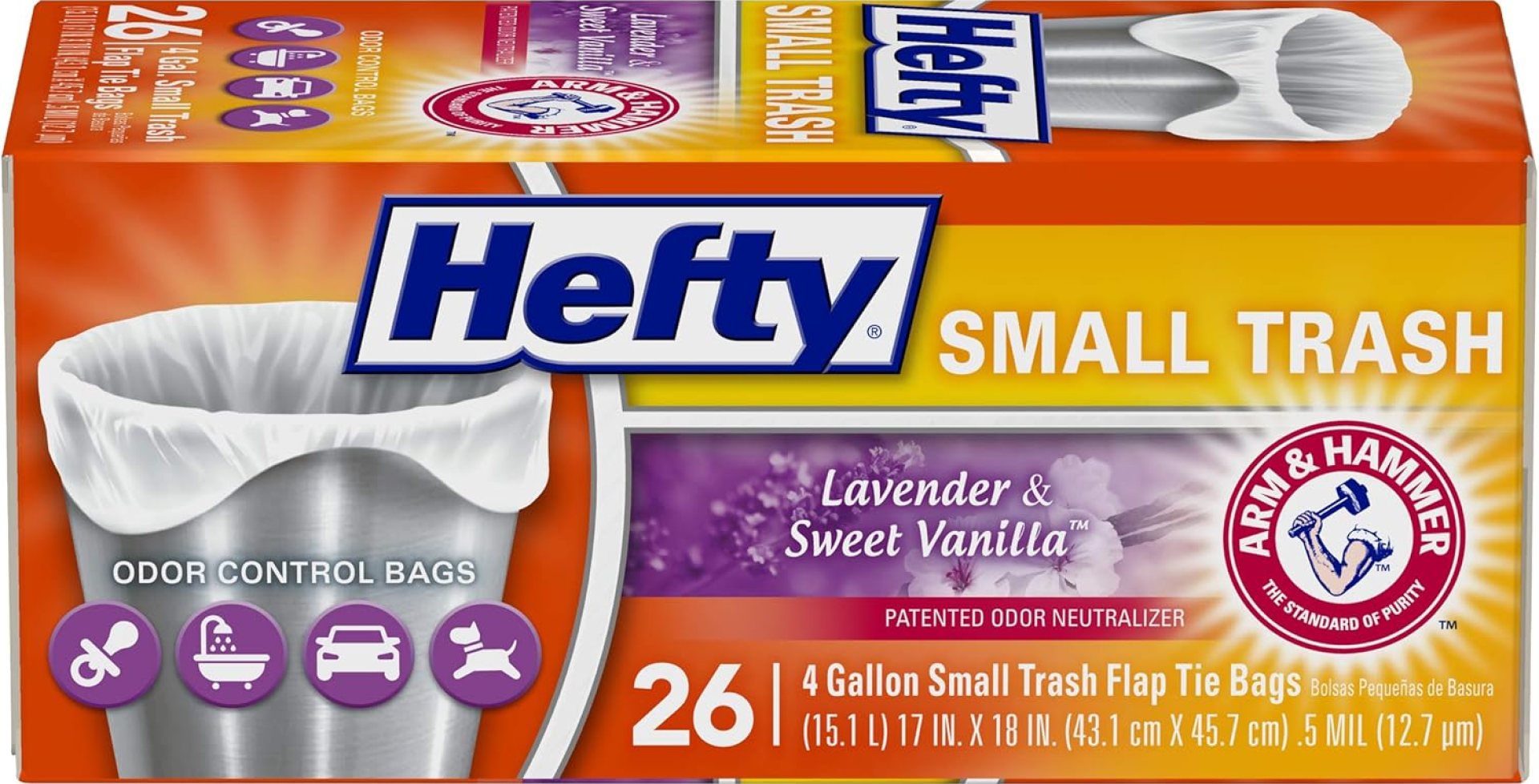 Hefty Small Garbage Bags, Flap Tie, Lavender & Sweet Vanilla Scent, 4 Gallon, 26 Count Hefty Small Garbage Bags, Flap Tie, Lavender & Sweet Vanilla Scent, 4 Gallon, 26 Count