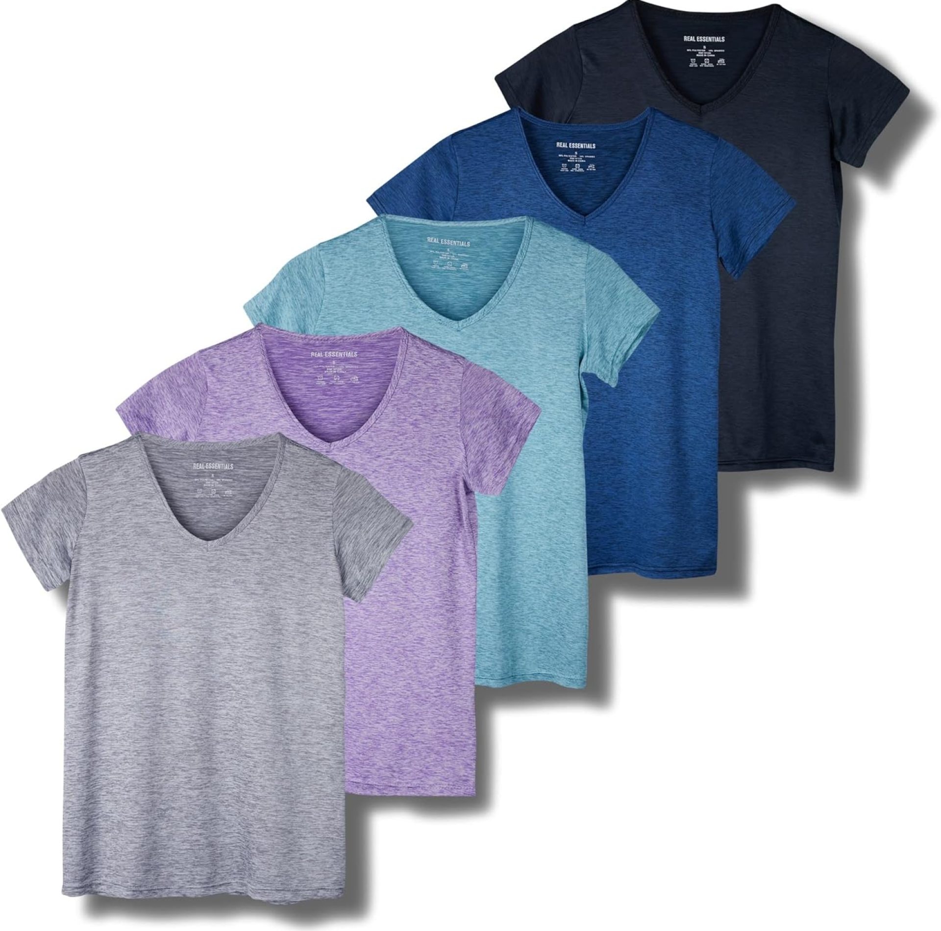 Real Essentials 5 Pack: Women’s Short Sleeve V-Neck Activewear T-Shirt Dry-Fit Wicking Yoga Top (Available in Plus) Real Essentials 5 Pack: Women’s Short Sleeve V-Neck Activewear T-Shirt Dry-Fit Wicking Yoga Top (Available in Plus)