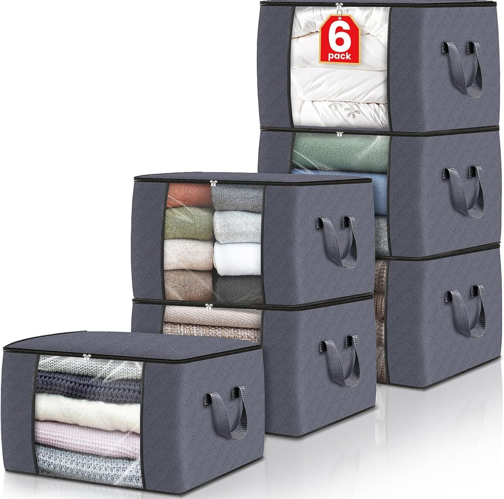 Fab totes 6 Pack Clothes Storage, Foldable Thick Fabric Blanket Storage Bags, Storage Containers for Organizing Bedroom, Closet, Clothing, Comforter, Grey Fab totes 6 Pack Clothes Storage, Foldable Thick Fabric Blanket Storage Bags, Storage Containers for Organizing Bedroom, Closet, Clothing, Comforter, Grey